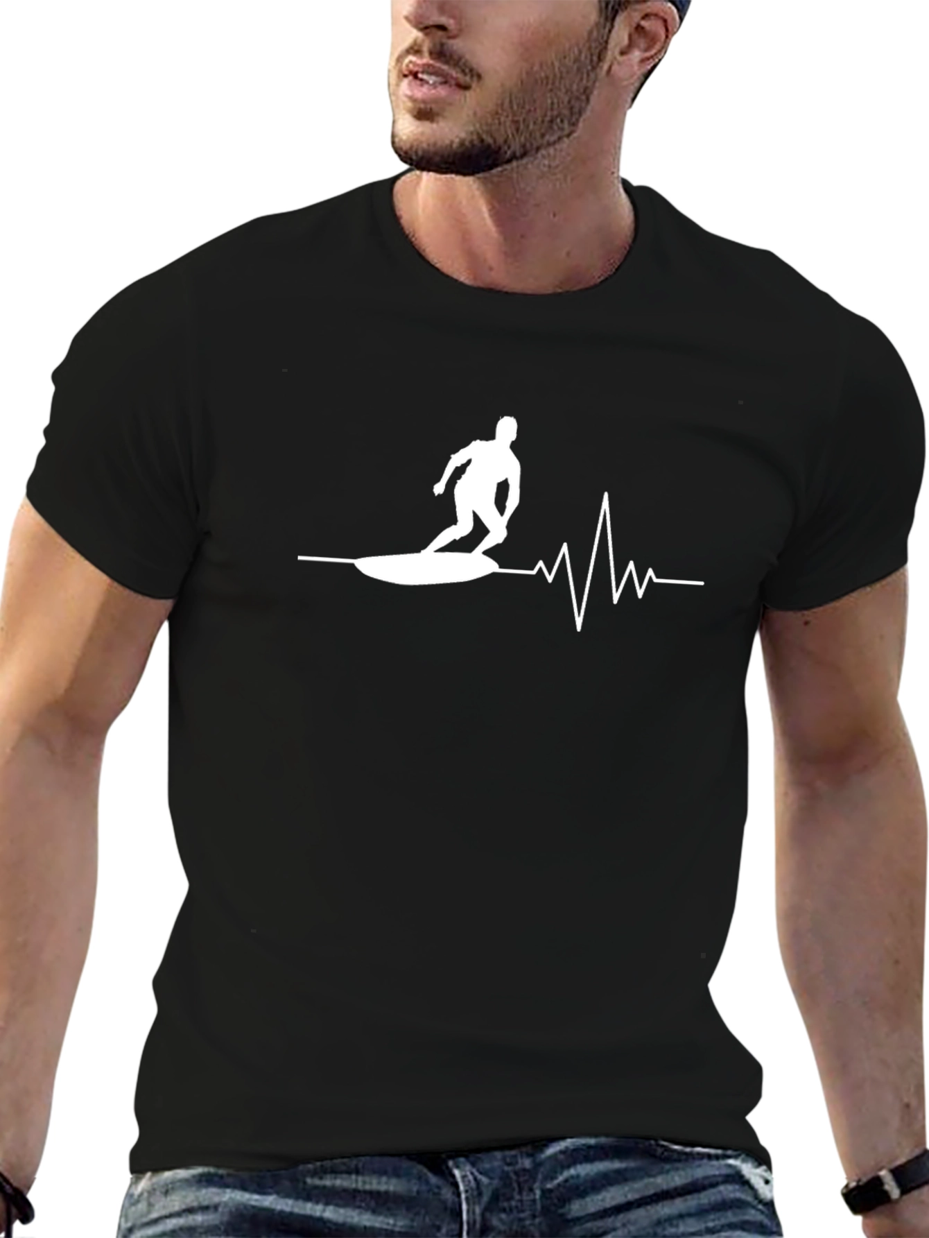 Surfing Heartbeat Graphic T-Shirt - Black