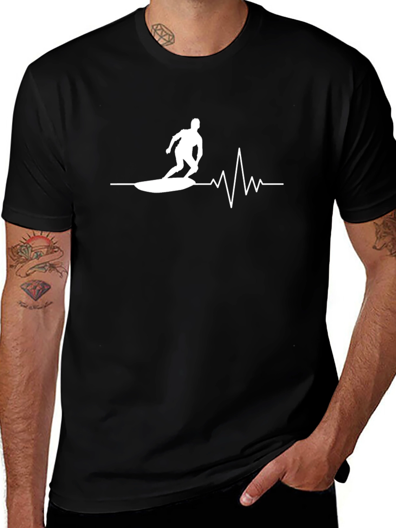 Surfing Heartbeat Graphic T-Shirt - Black