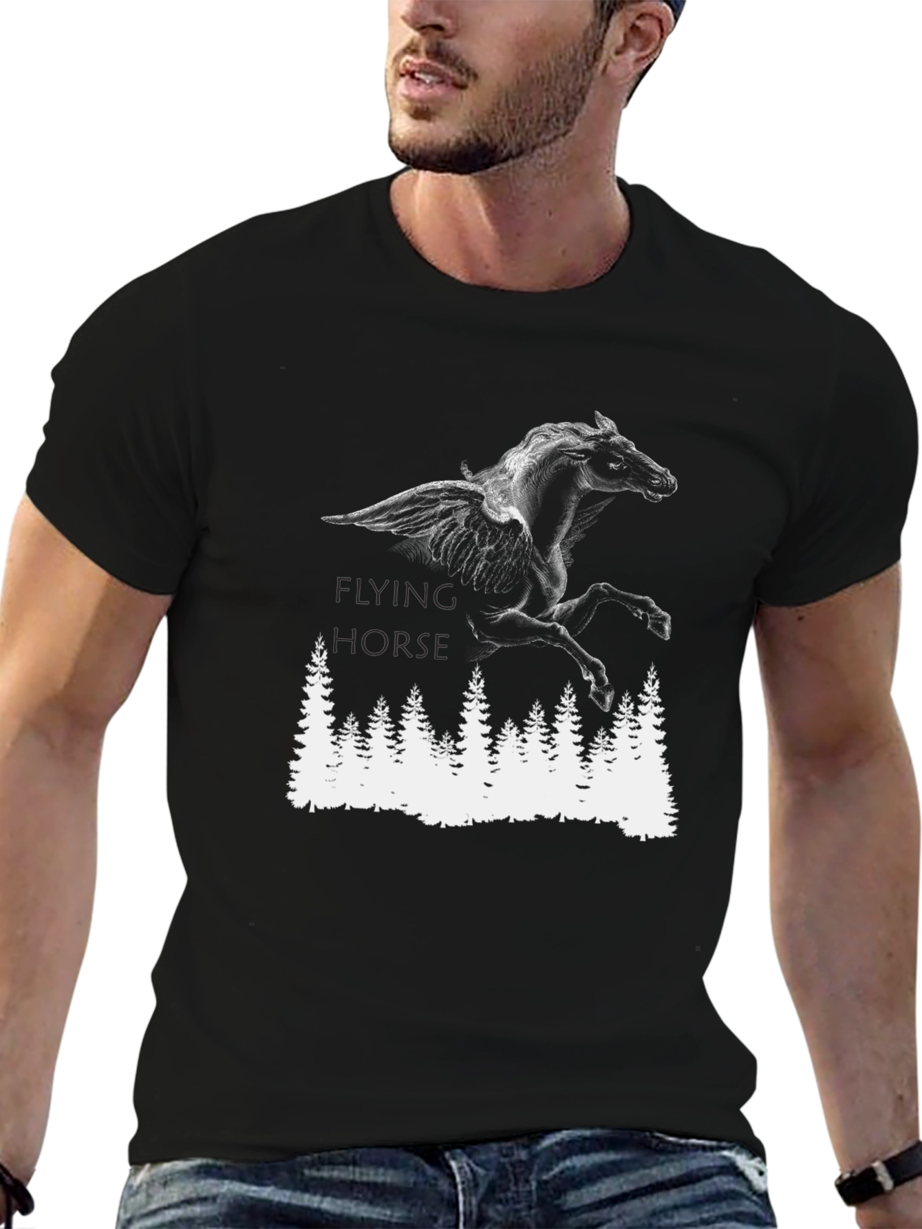 Flying Horse Graphic Tee - Black Cotton T-Shirt