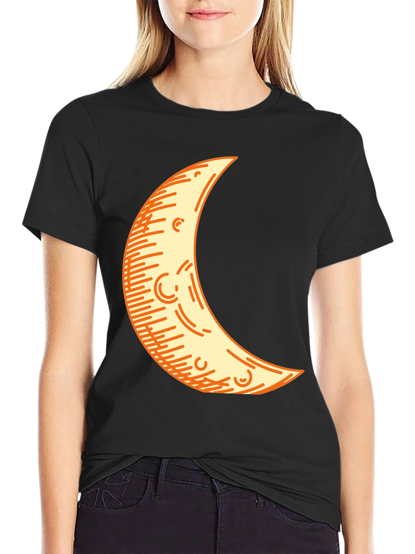 Crescent Moon Graphic Tee - Black Cotton Blend Shirt
