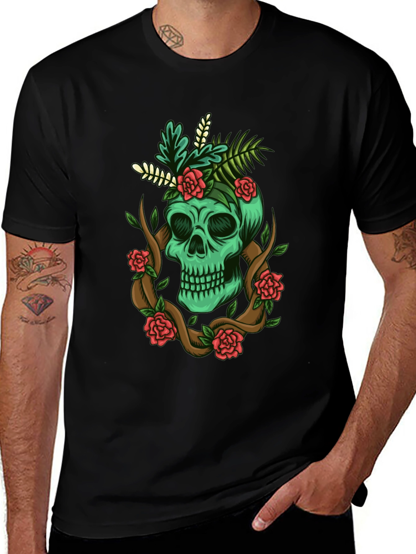 Skull & Roses Graphic Tee - Mens Black T-Shirt