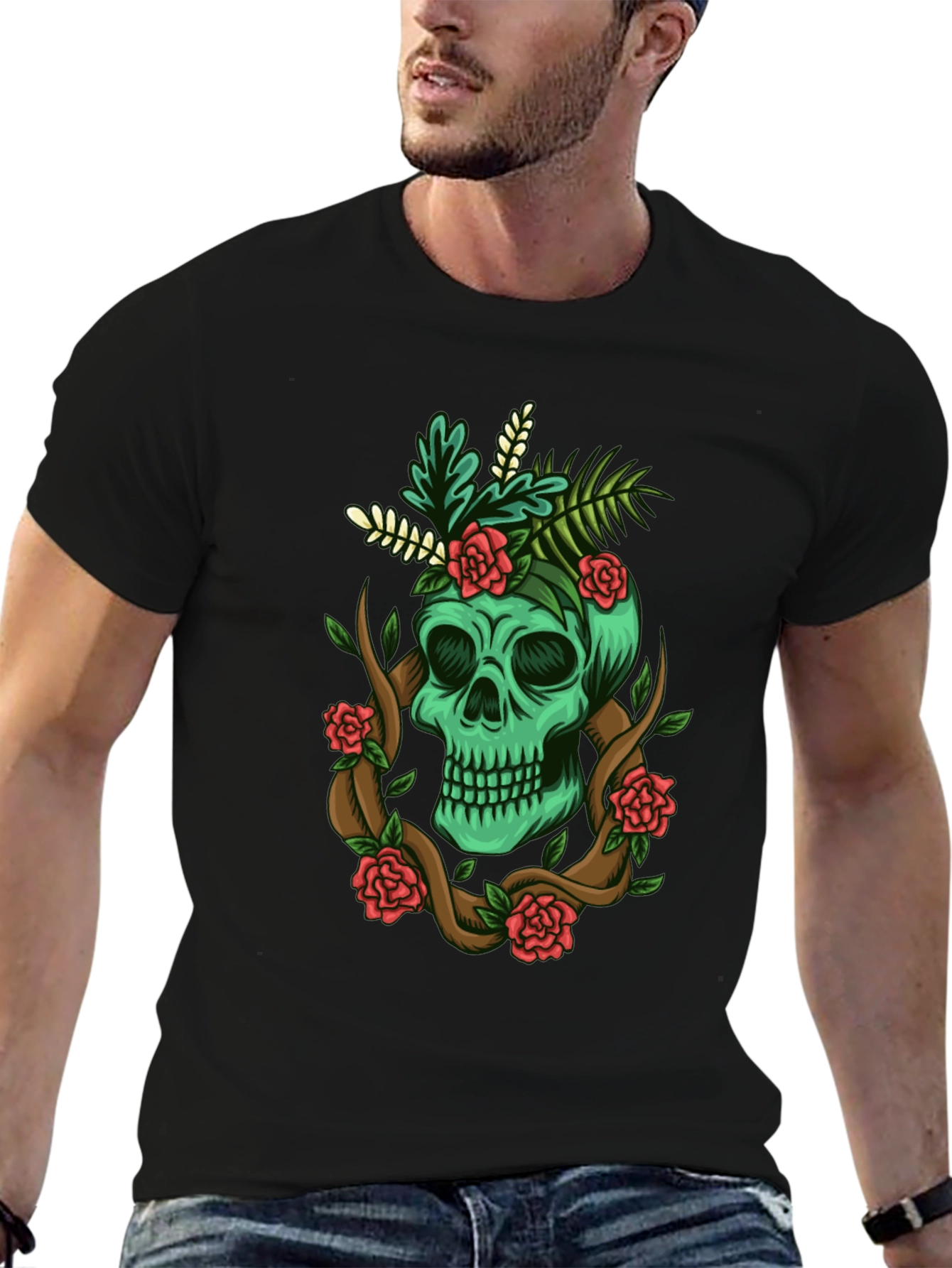 Skull & Roses Graphic Tee - Mens Black T-Shirt