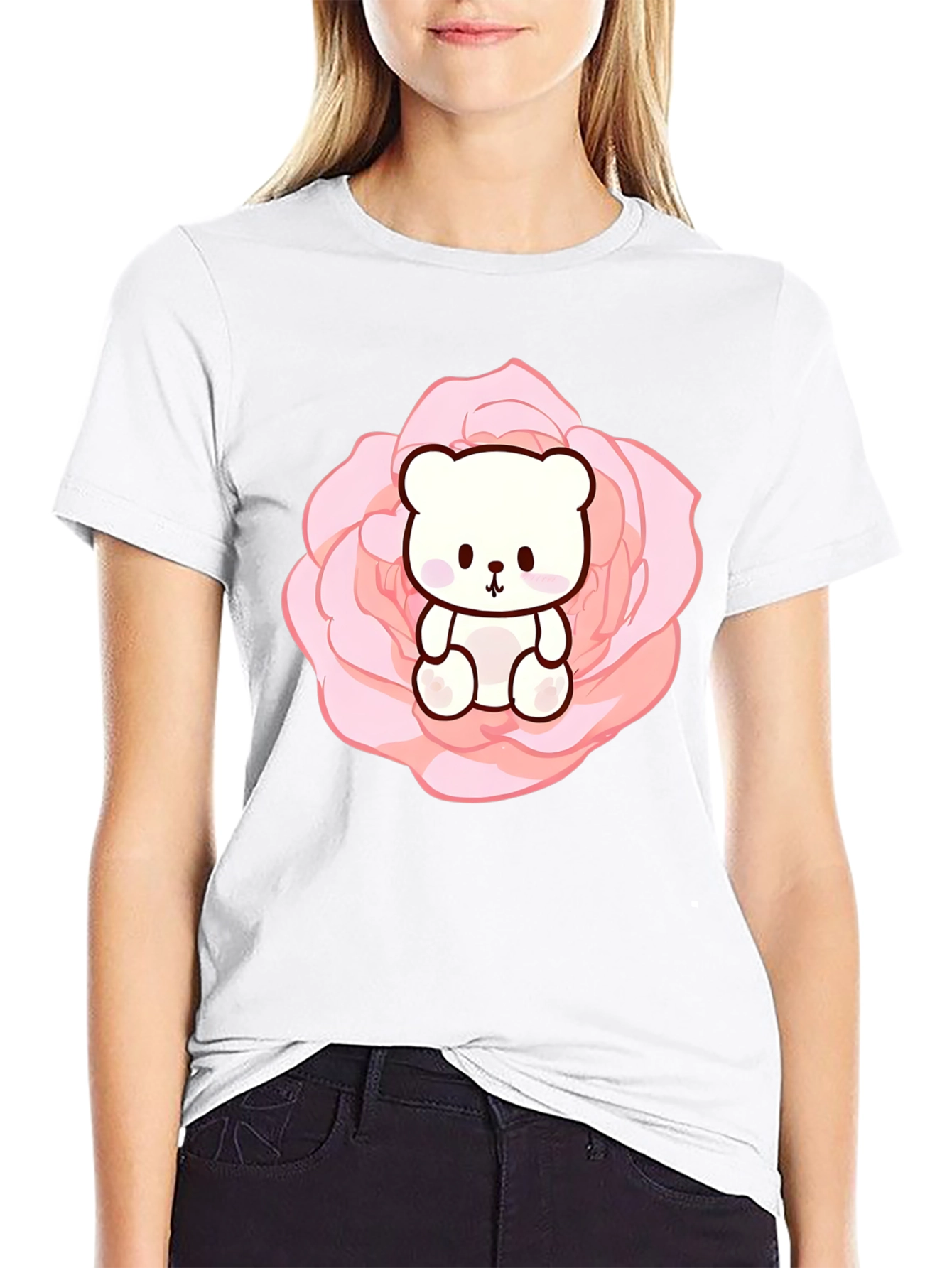 Teddy Bear in Rose T-Shirt - Cute Kawaii Style