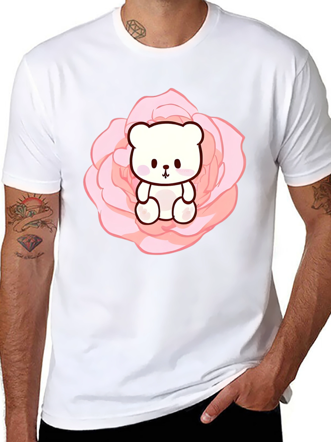 Teddy Bear in Rose T-Shirt - Cute Kawaii Style