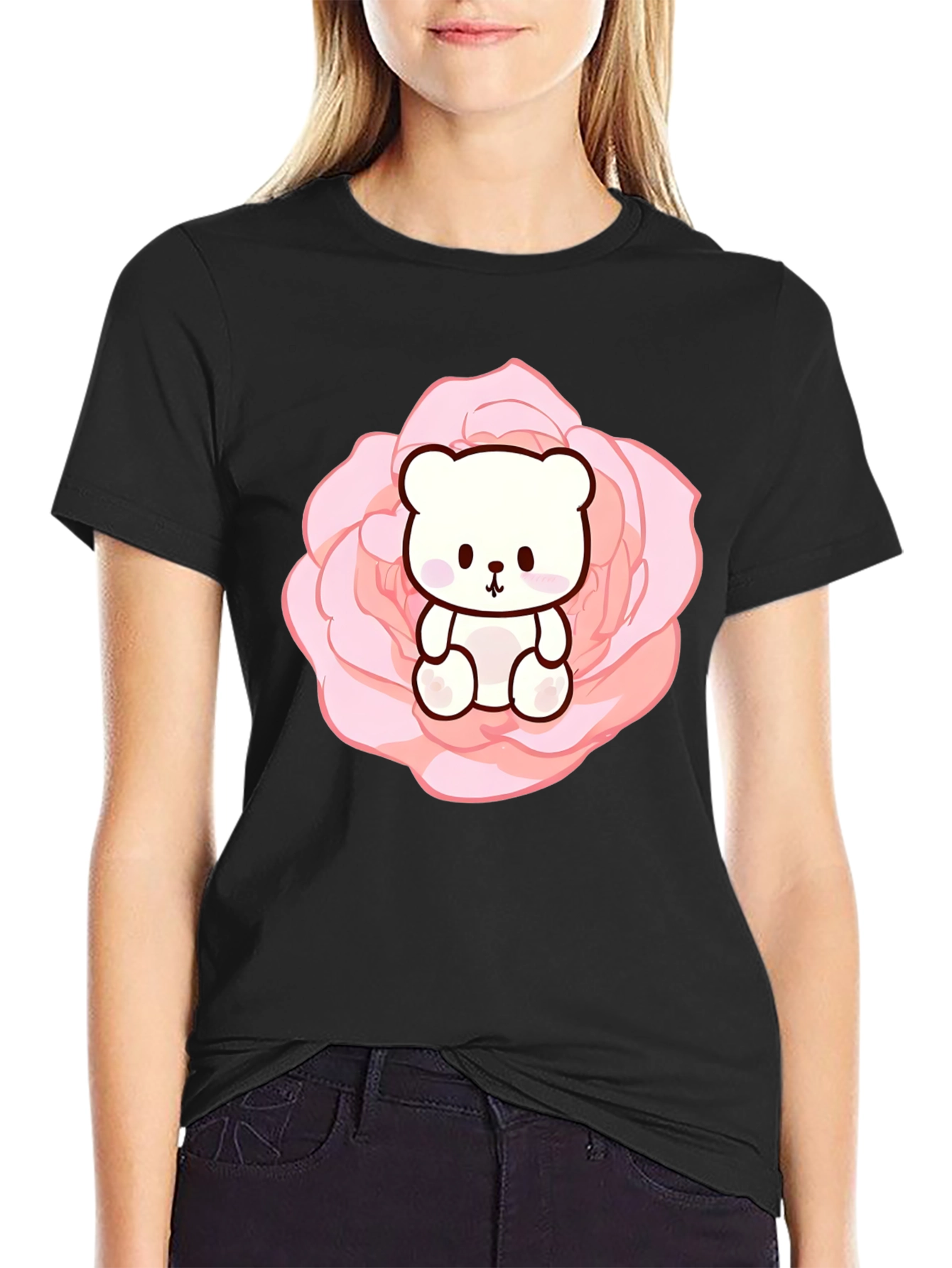 Teddy Bear in Rose T-Shirt - Cute Kawaii Style