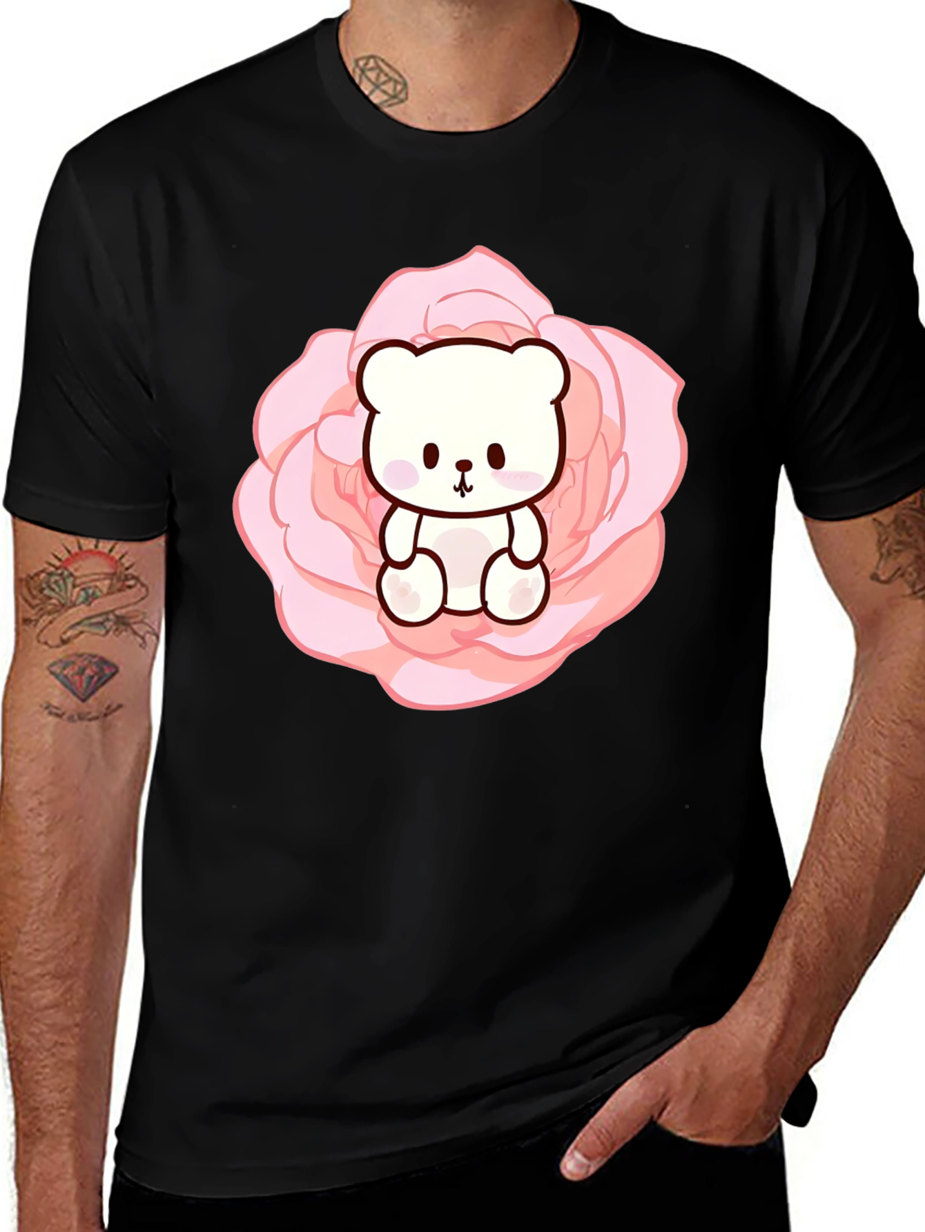 Teddy Bear in Rose T-Shirt - Cute Kawaii Style