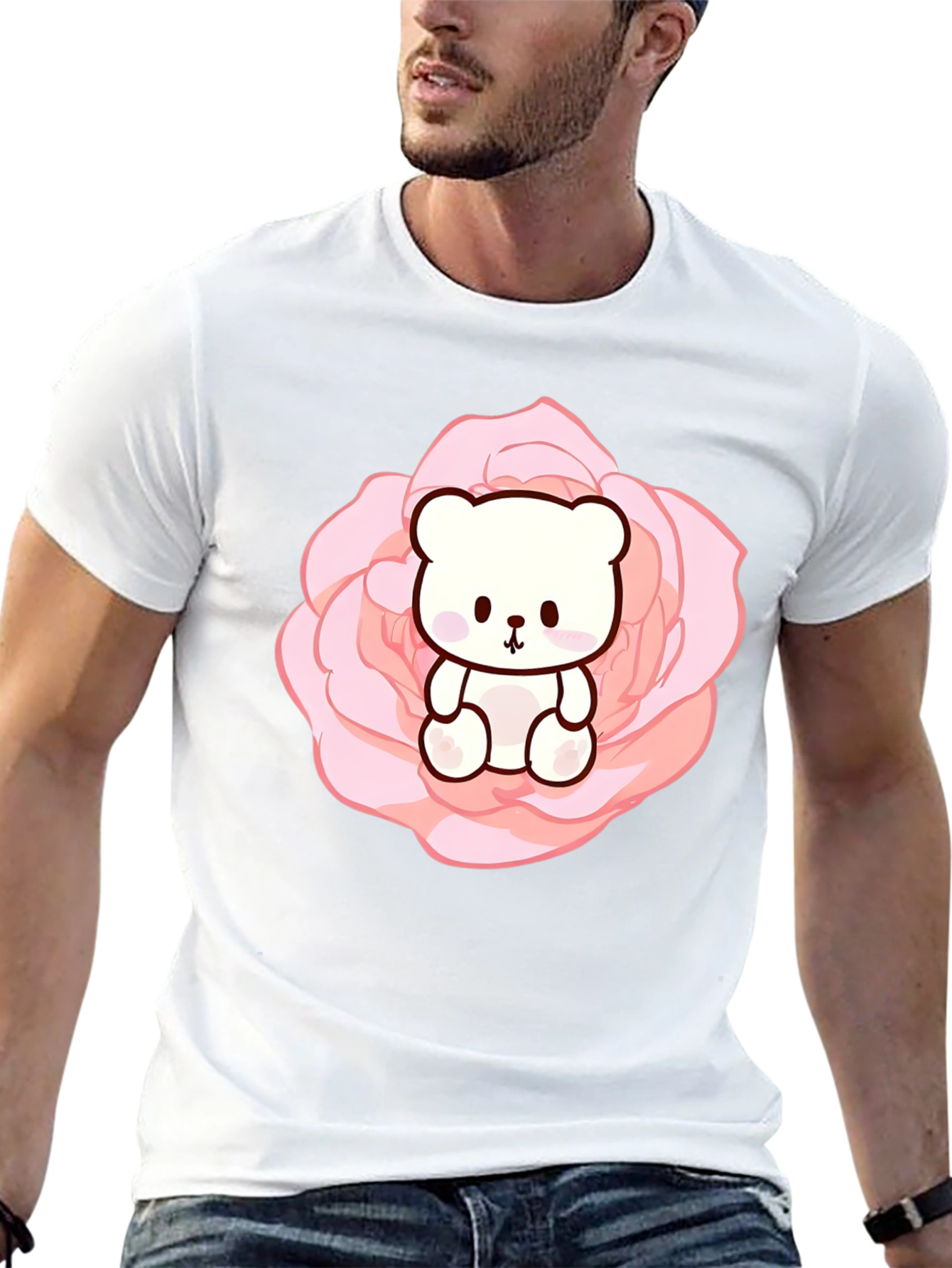 Teddy Bear in Rose T-Shirt - Cute Kawaii Style