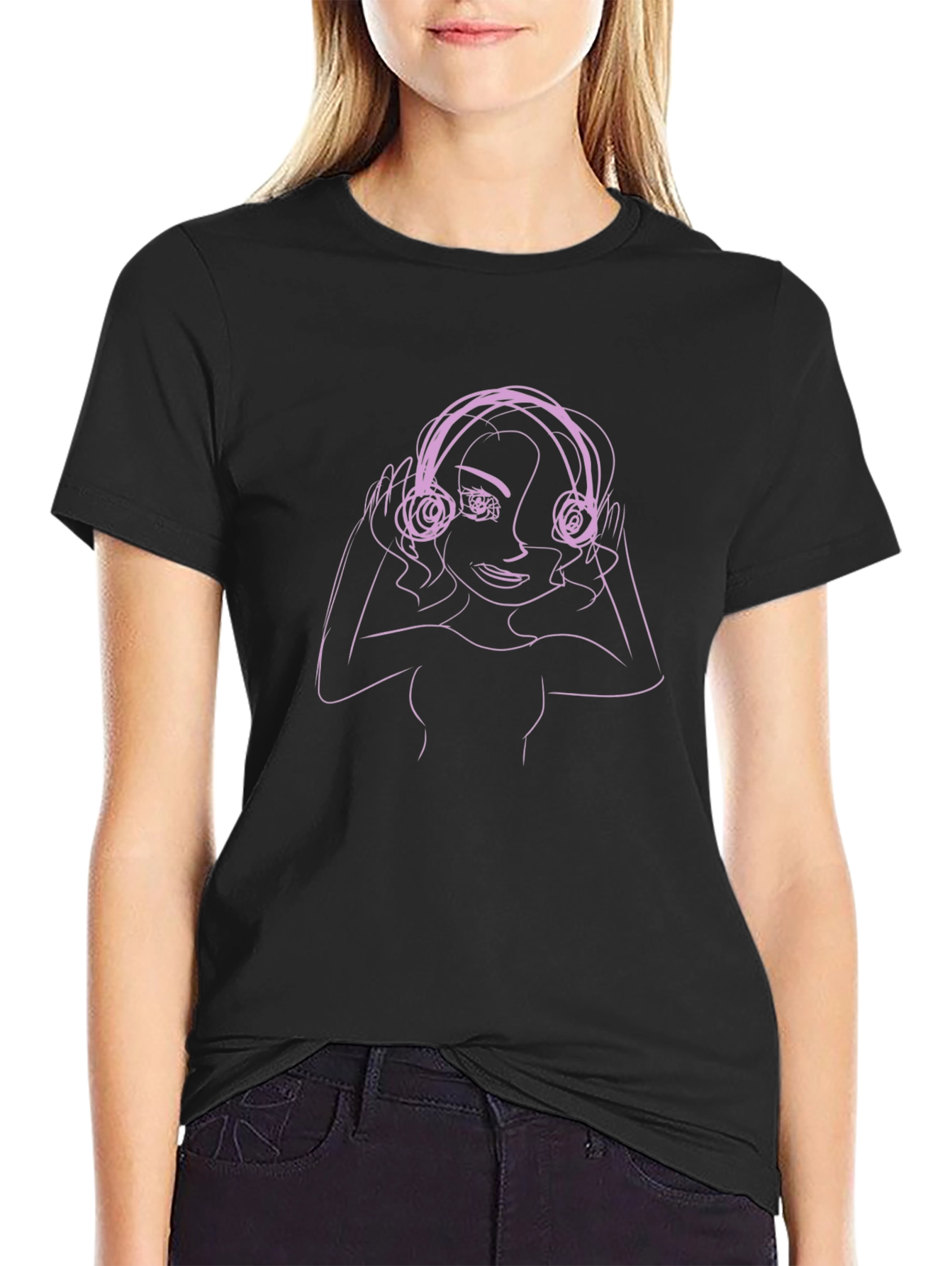 Line Art Woman in Headphones Graphic T-Shirt