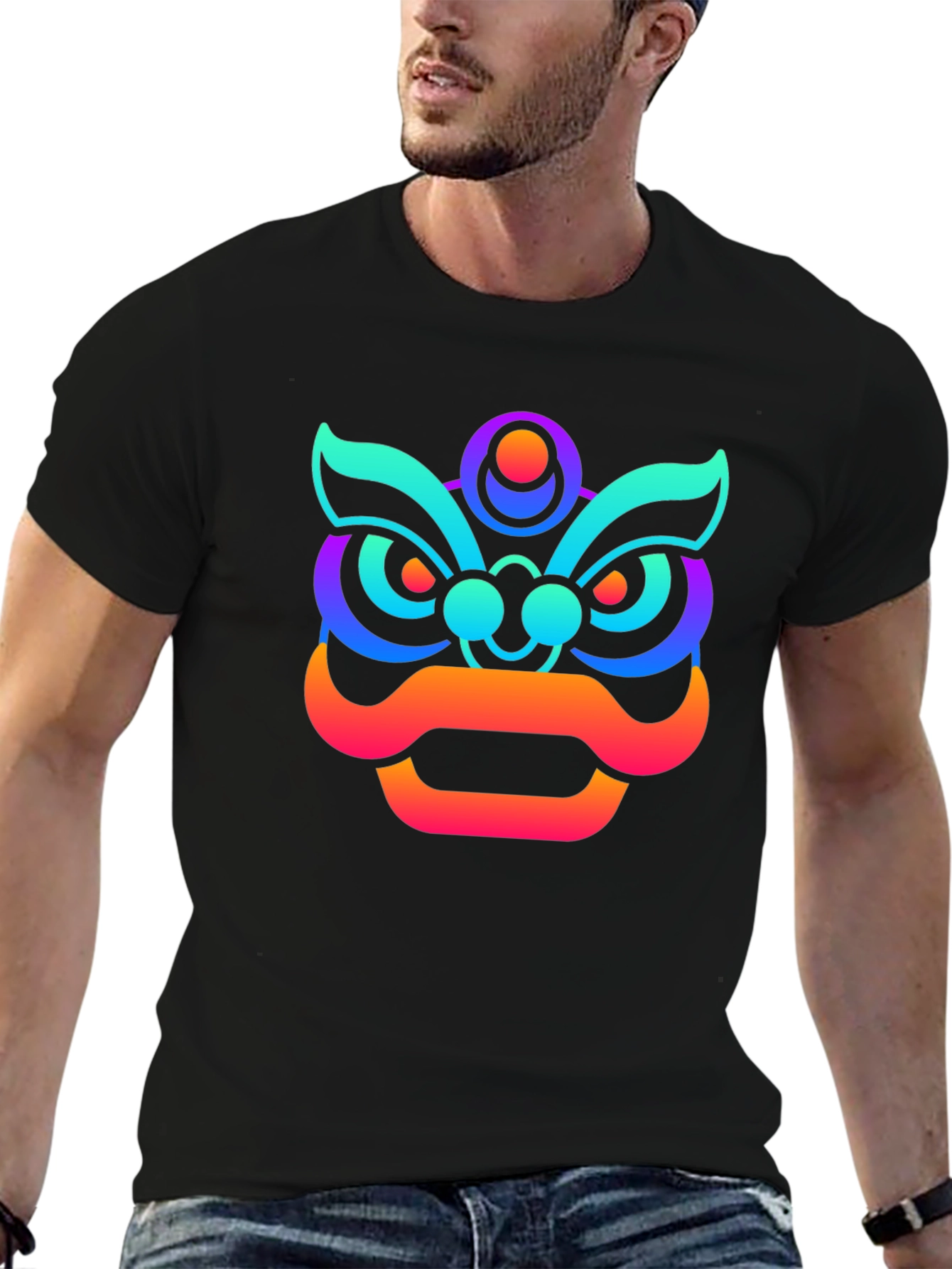 Vibrant Gradient Lion Graphic Tee - Unisex Black T-Shirt