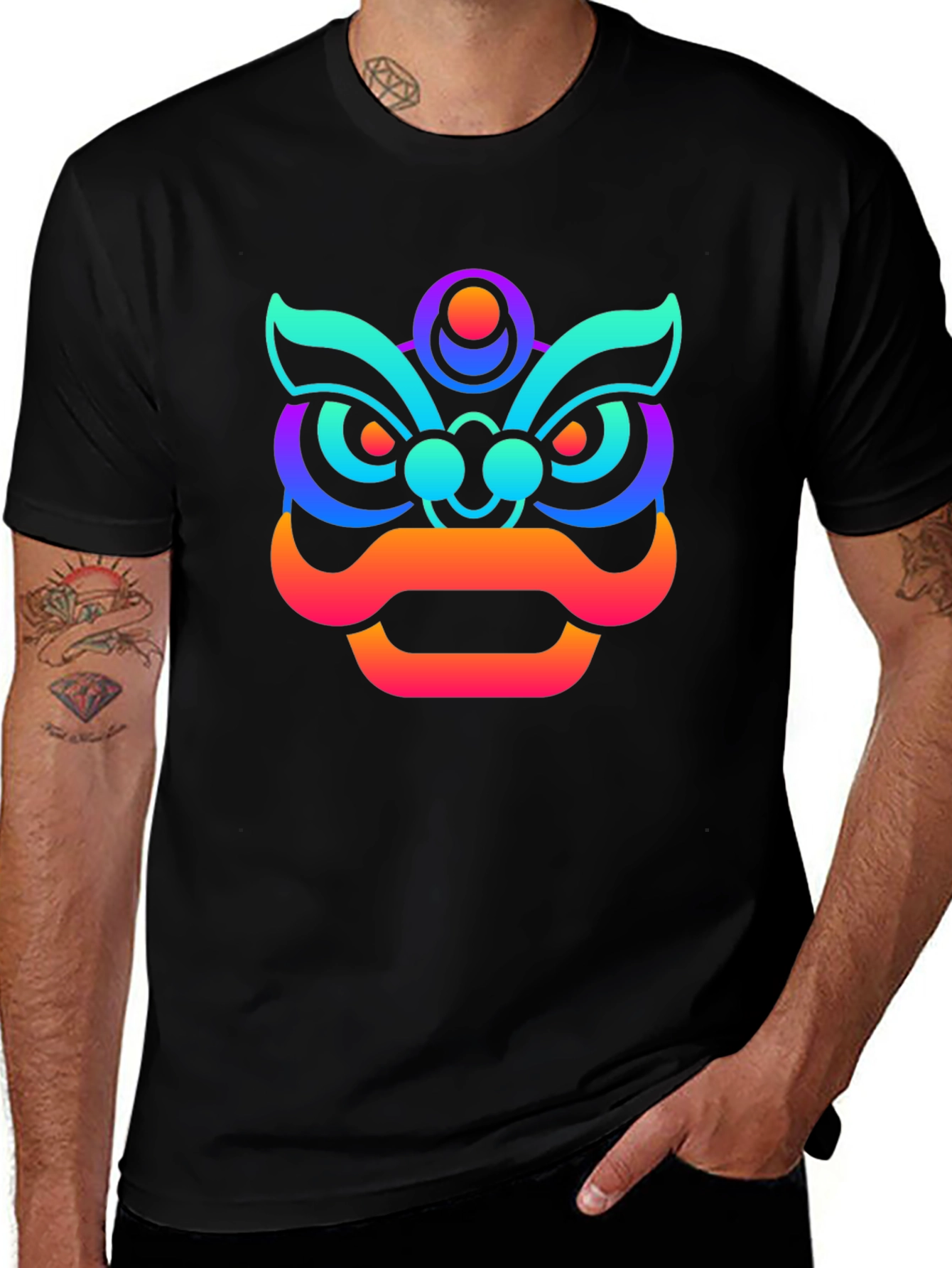 Vibrant Gradient Lion Graphic Tee - Unisex Black T-Shirt