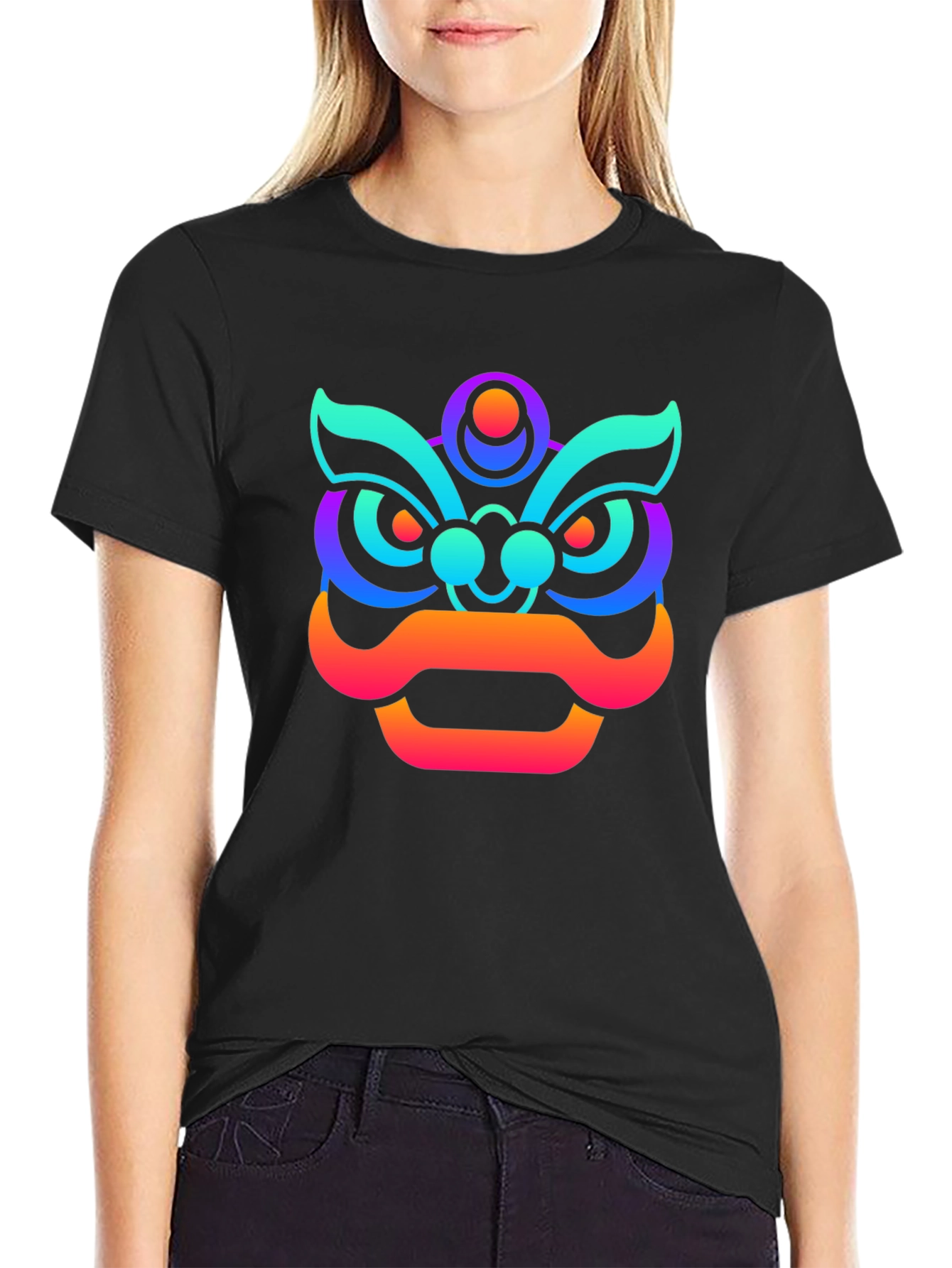 Vibrant Gradient Lion Graphic Tee - Unisex Black T-Shirt