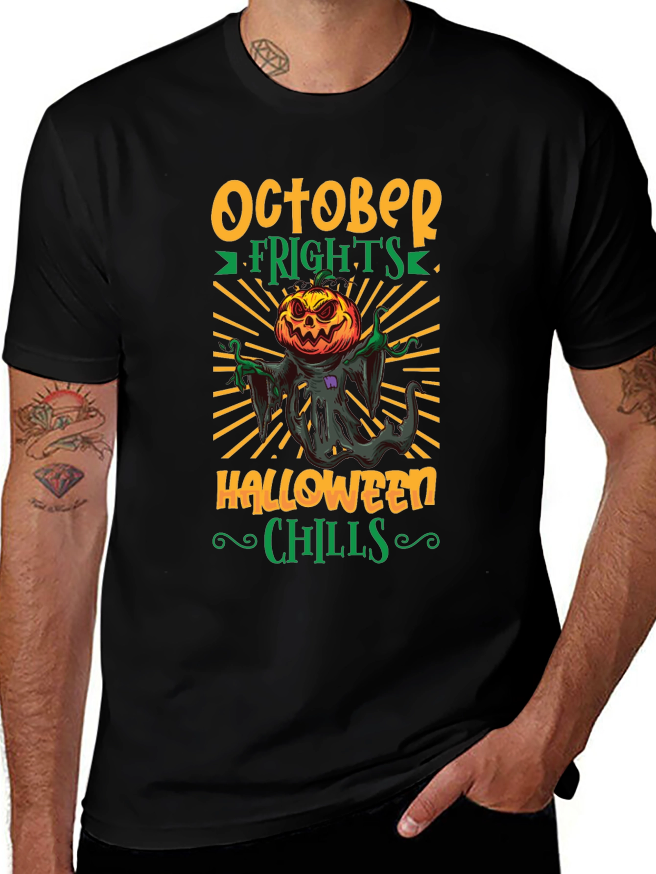 October Frights Halloween Chills Black Graphic Tee