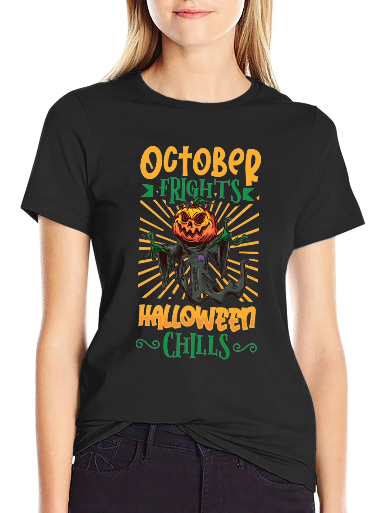 October Frights Halloween Chills Black Graphic Tee
