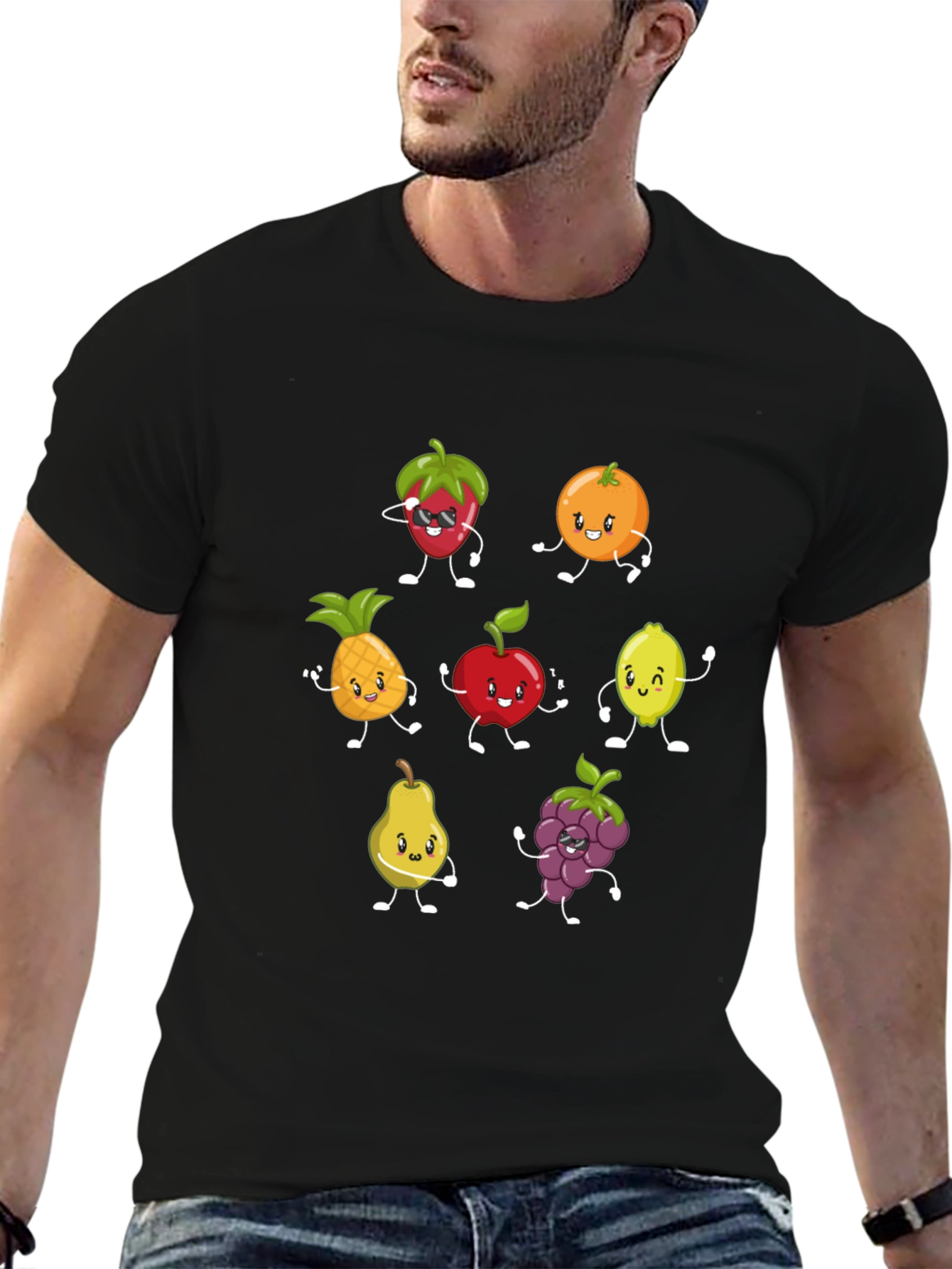 Funny Fruit Cartoon Black T-Shirt