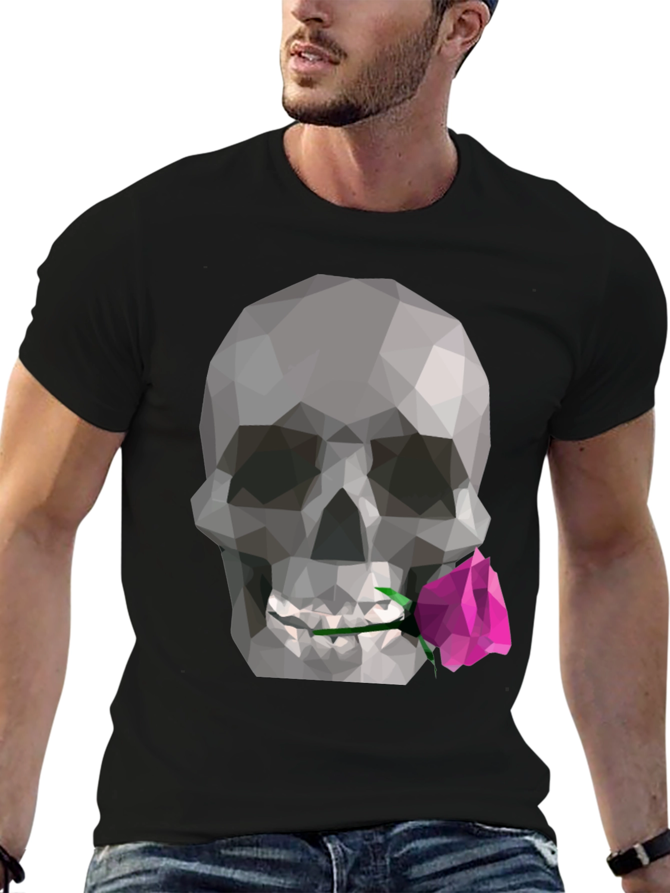 Geometric Skull & Rose Graphic Tee - Modern Design