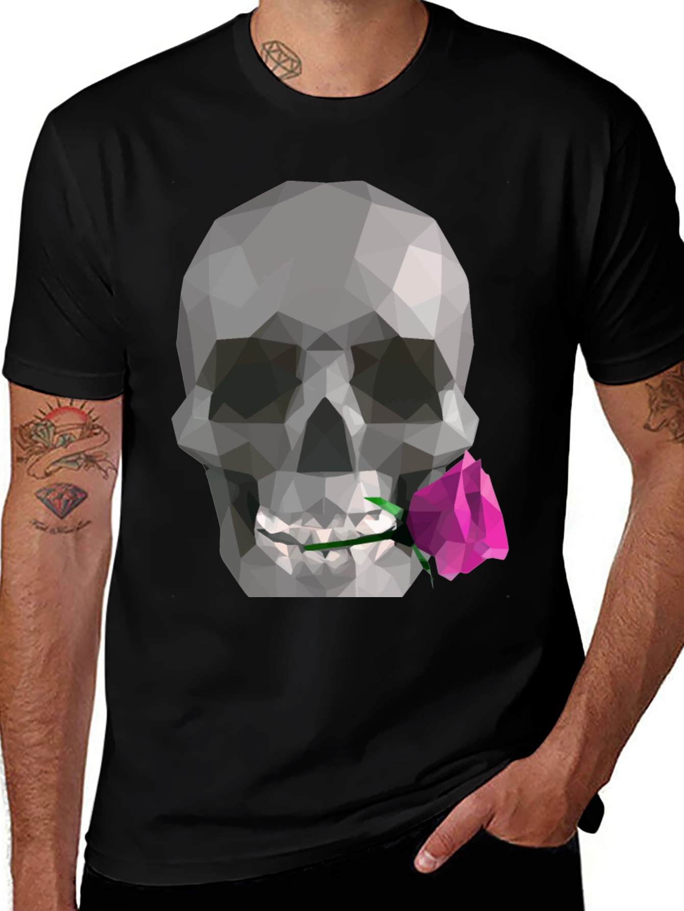 Geometric Skull & Rose Graphic Tee - Modern Design