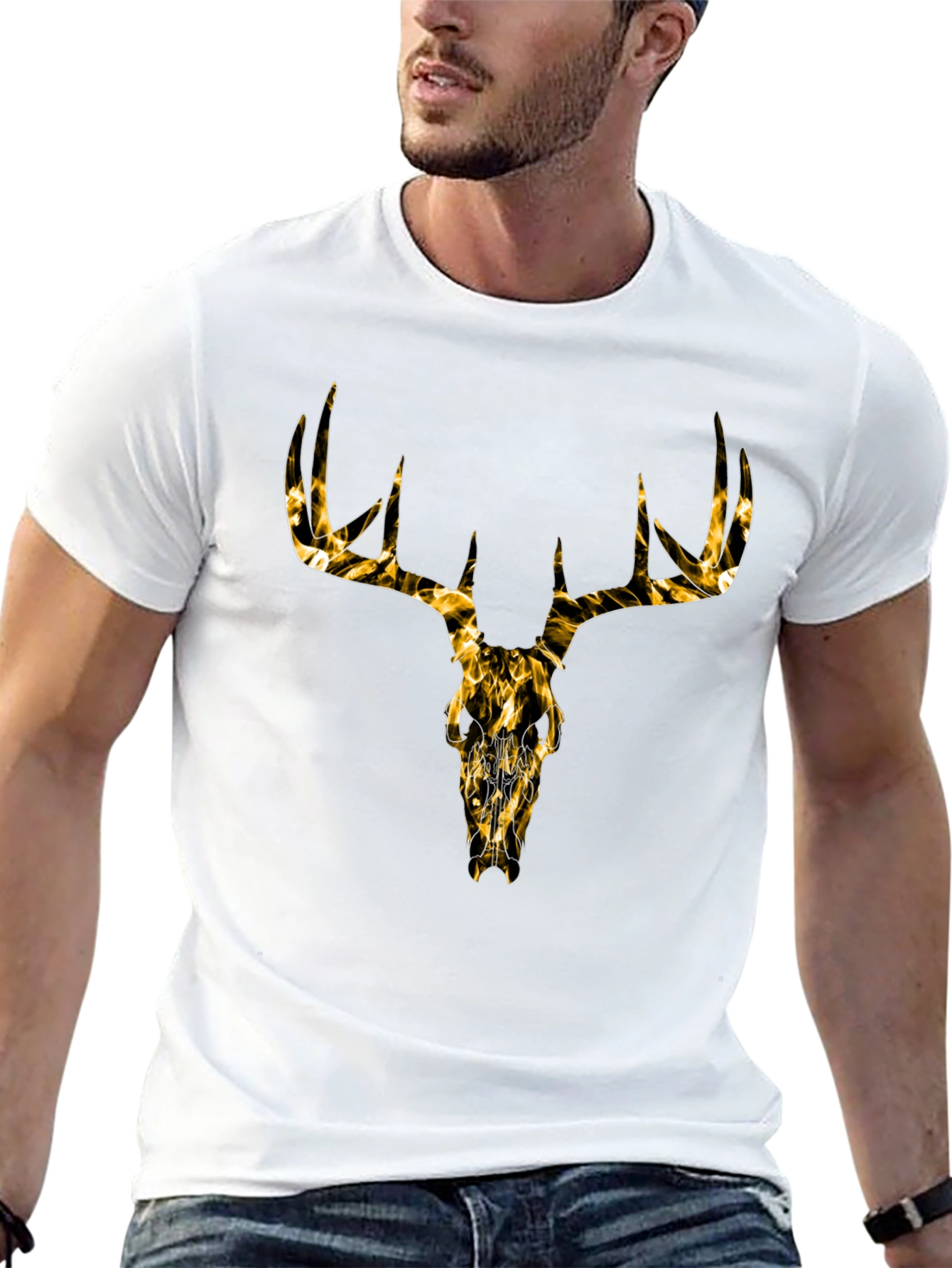 Mens Black T-Shirt with Gold Deer Skull Graphic