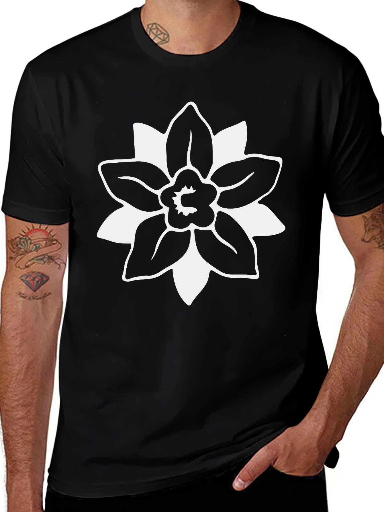Black T-Shirt with White Floral Graphic