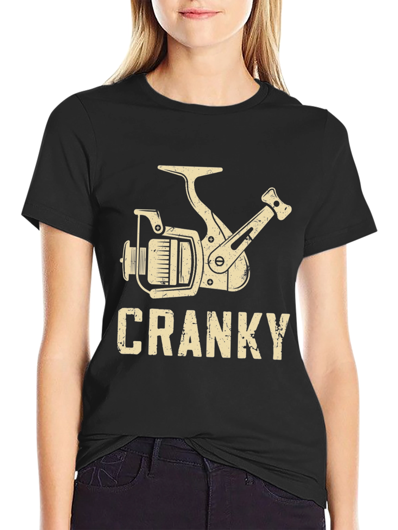 Cranky Fishing Reel Graphic T-Shirt - Black Cotton Blend