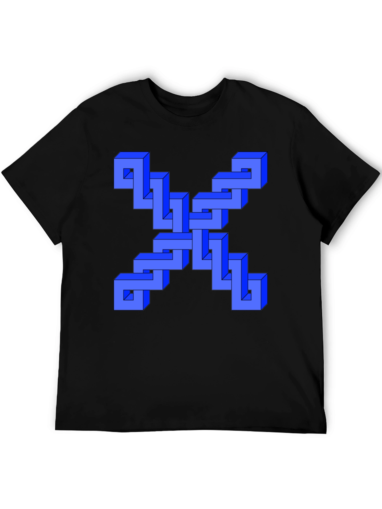 Optical Illusion Blue Cube Design Black T-Shirt