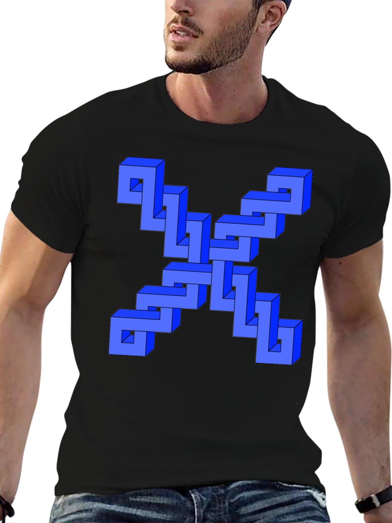 Optical Illusion Blue Cube Design Black T-Shirt