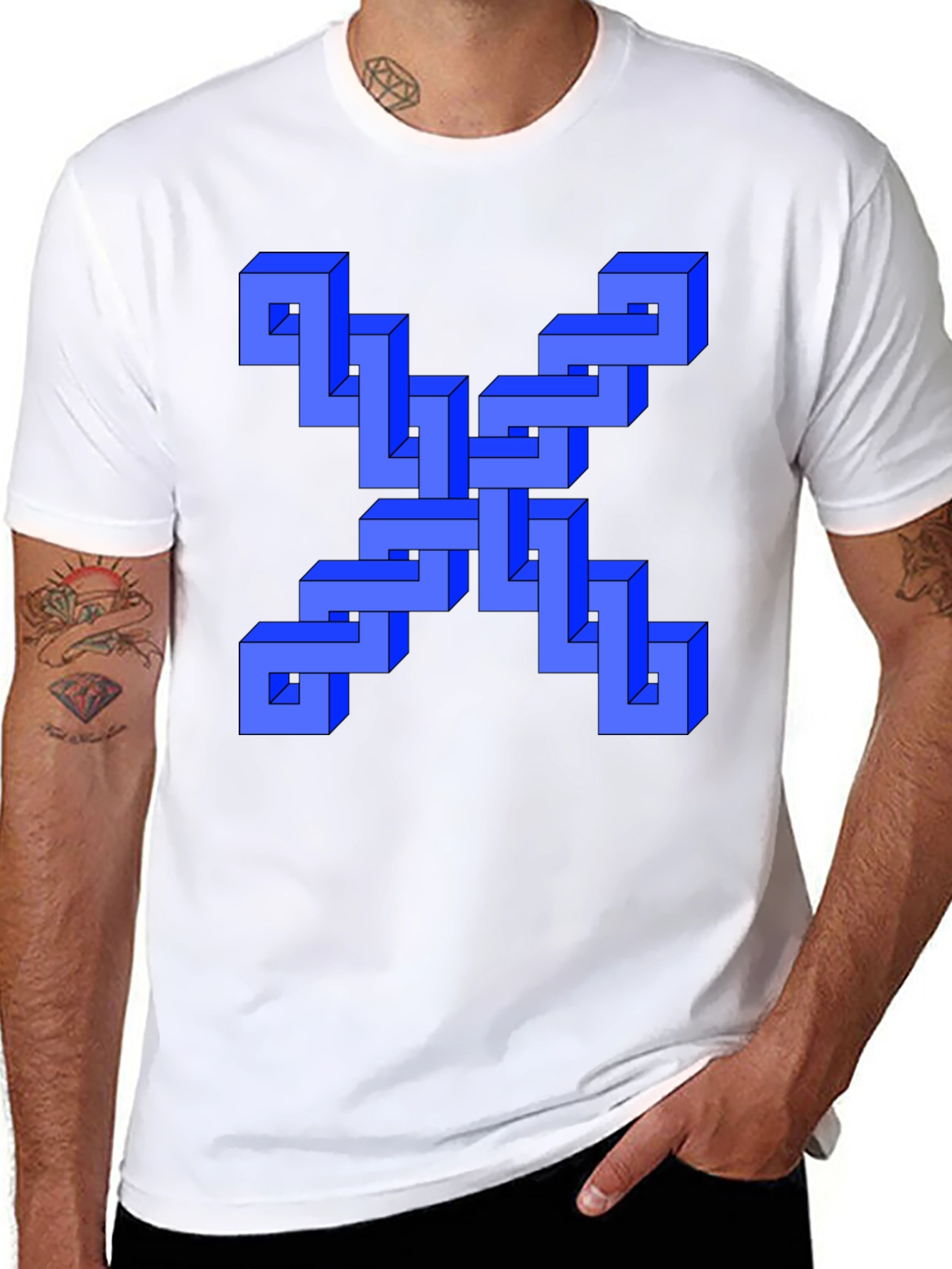 Optical Illusion Blue Cube Design Black T-Shirt