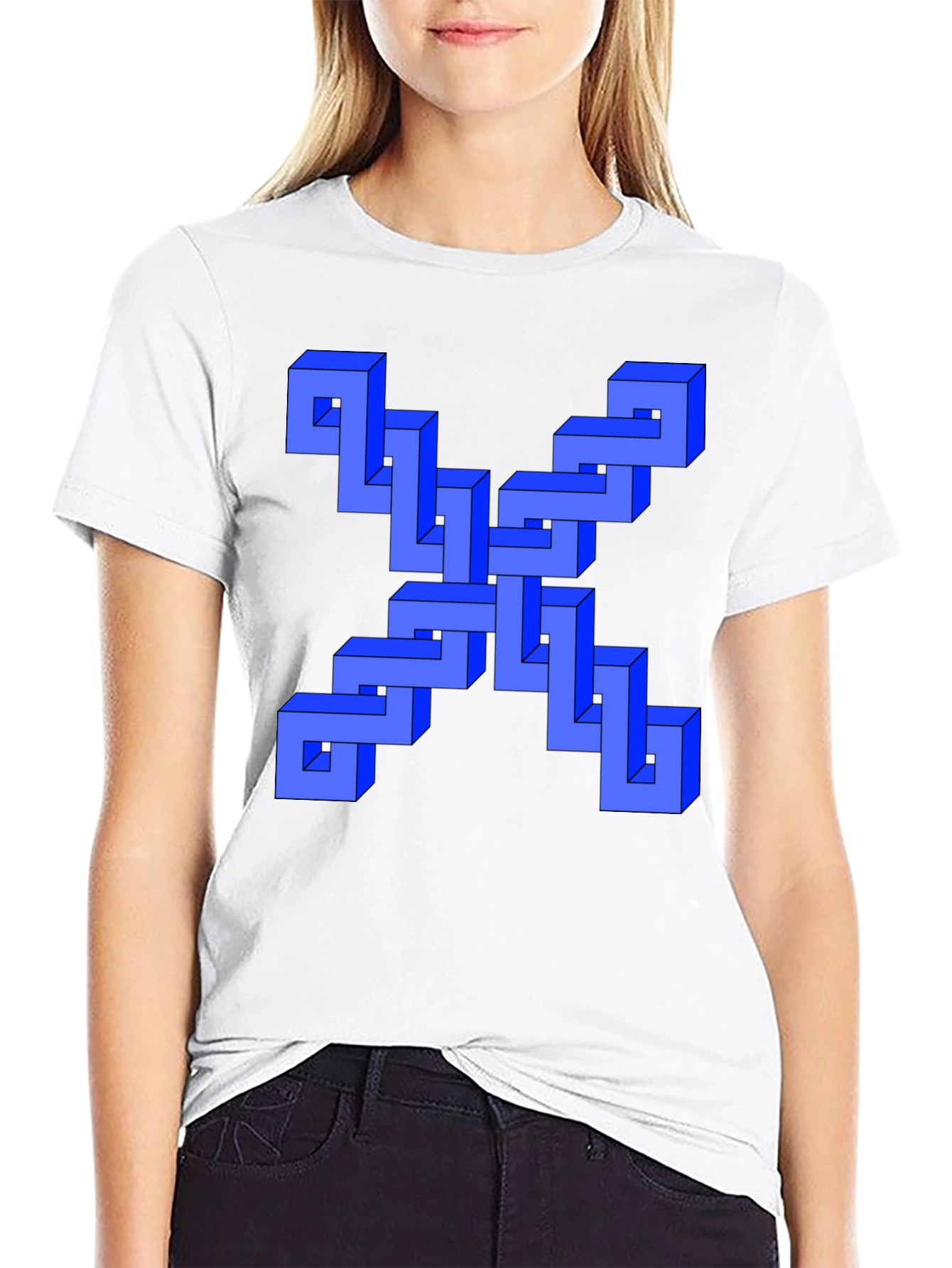 Optical Illusion Blue Cube Design Black T-Shirt