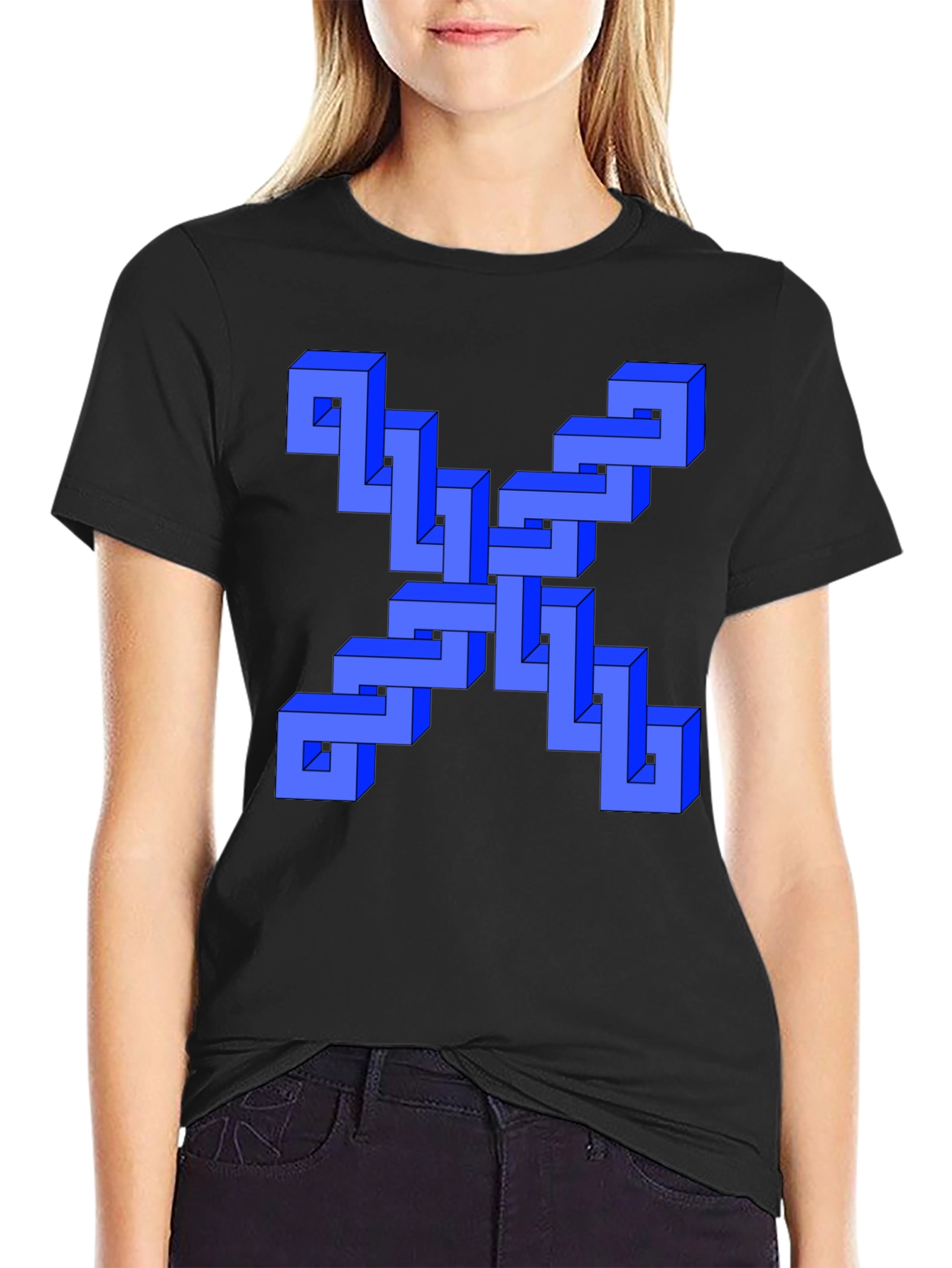 Optical Illusion Blue Cube Design Black T-Shirt