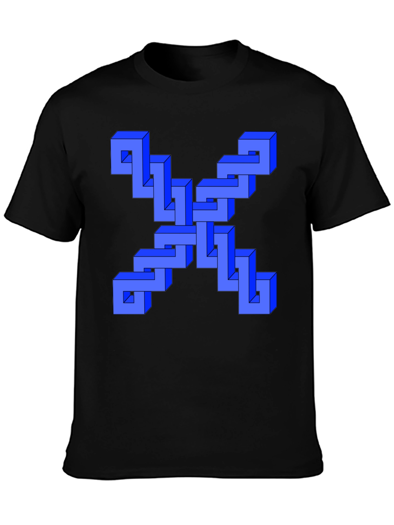 Optical Illusion Blue Cube Design Black T-Shirt