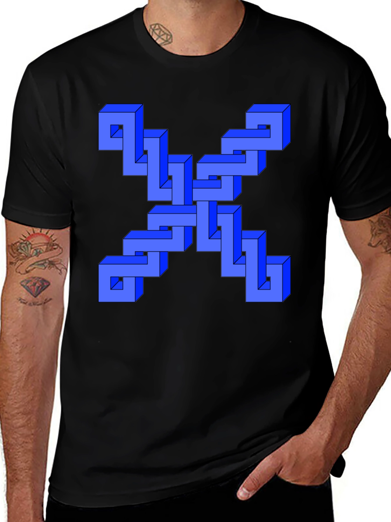 Optical Illusion Blue Cube Design Black T-Shirt