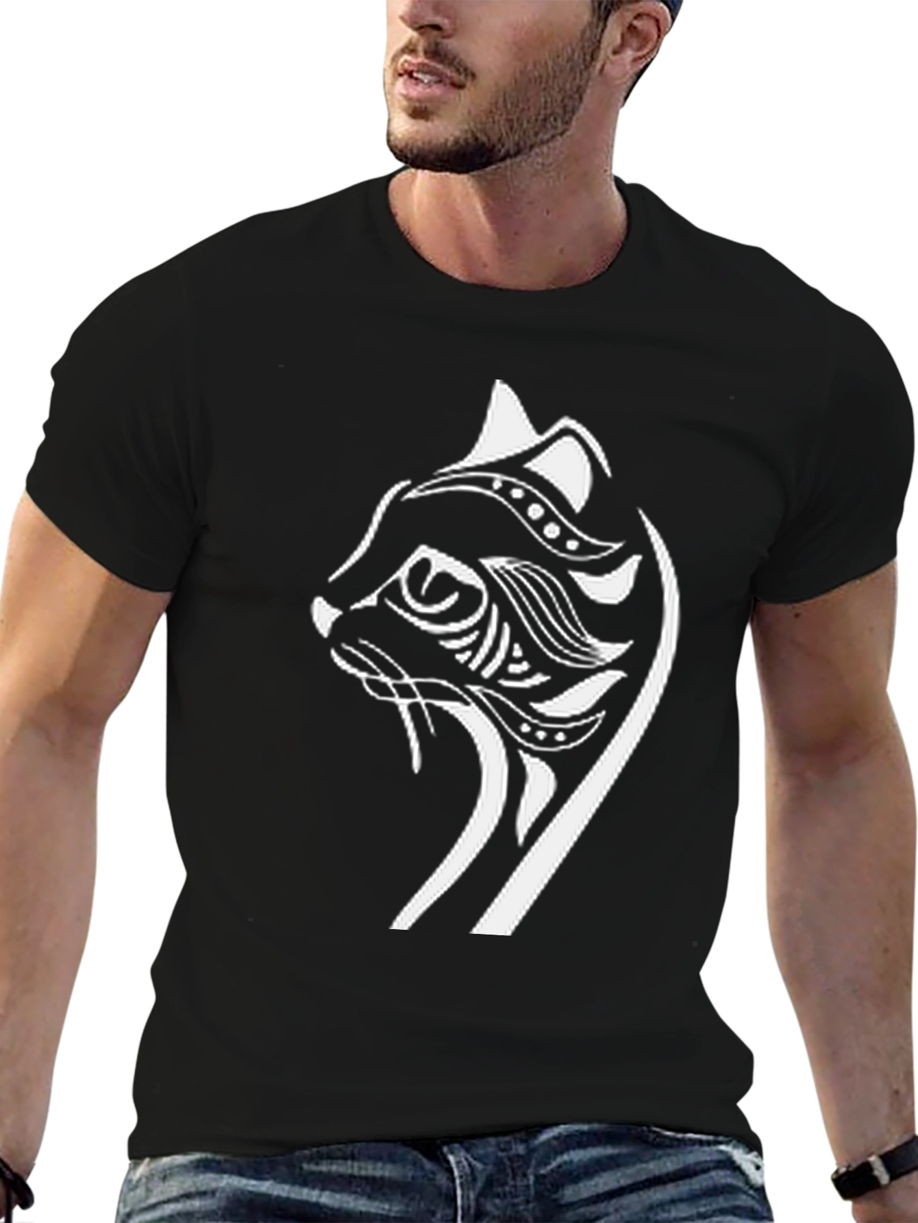 Tribal Cat Graphic T-Shirt - Black