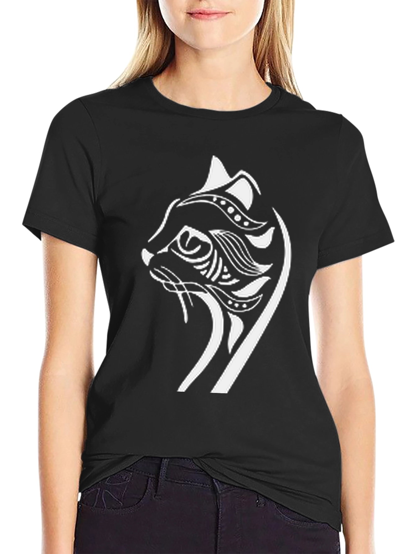 Tribal Cat Graphic T-Shirt - Black