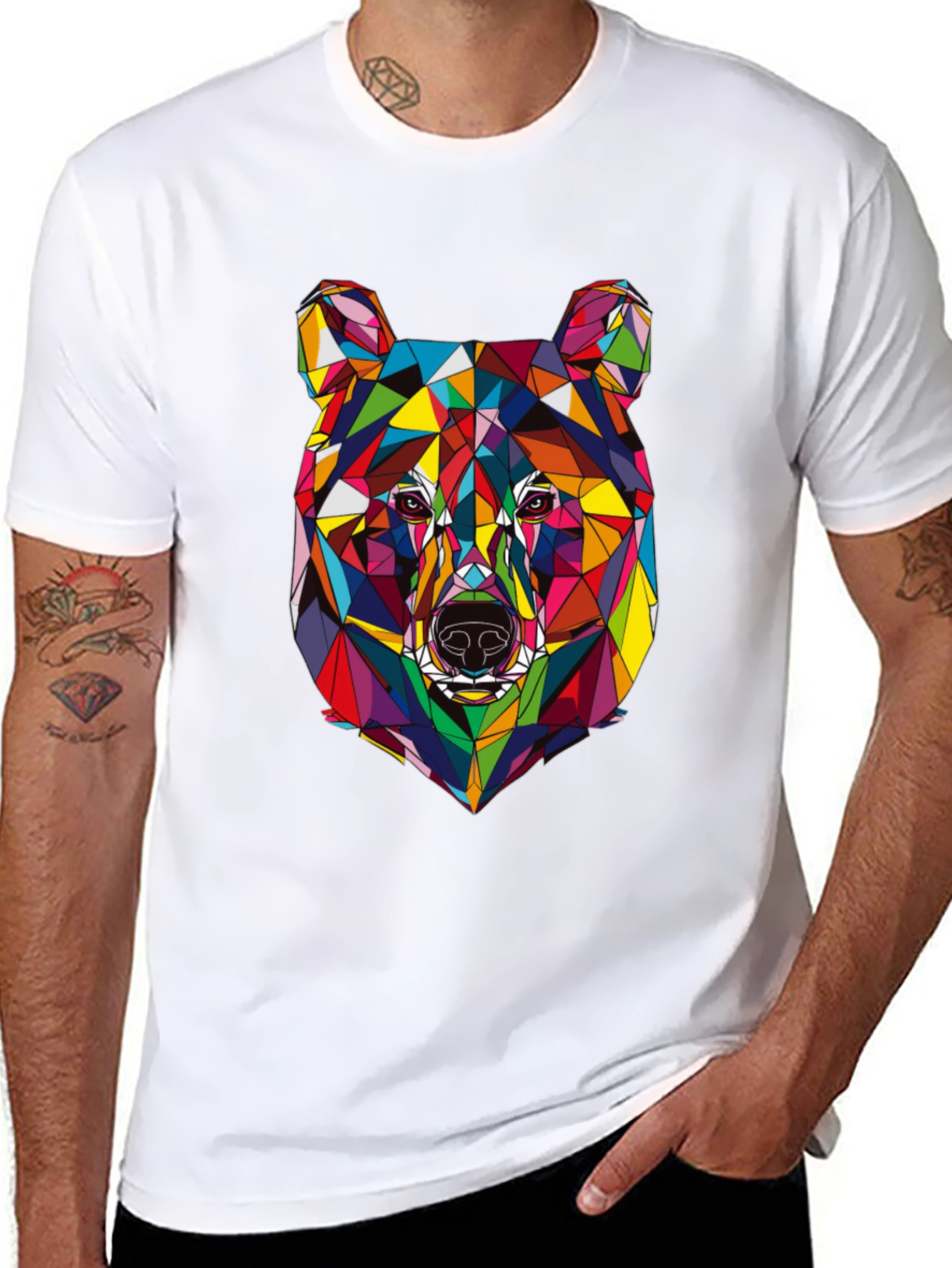 Geometric Bear Graphic Tee - Modern Mens Black T-Shirt