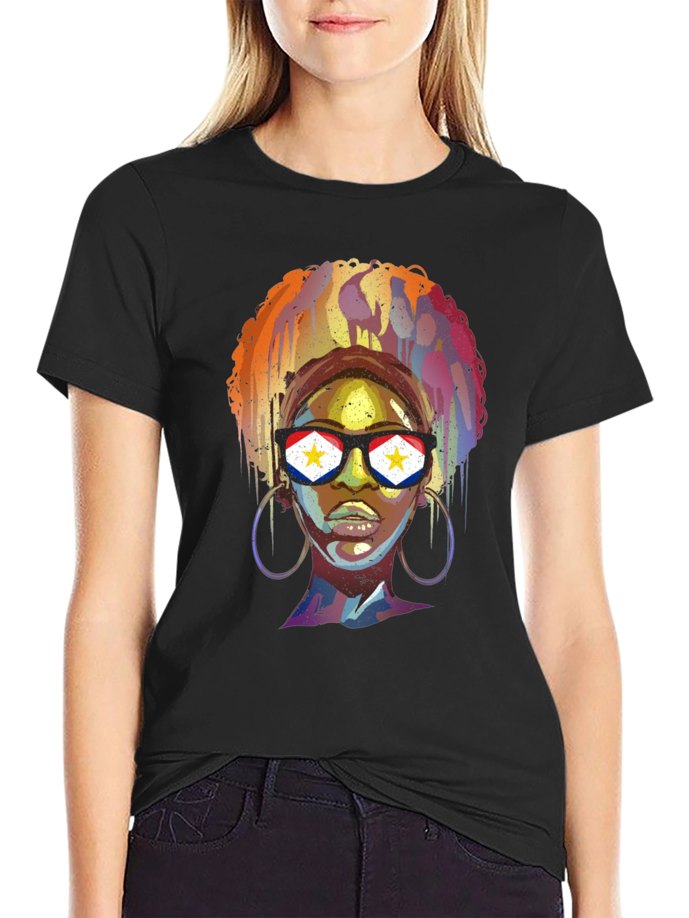 Stylish Black T-Shirt with Artistic Woman Graphic