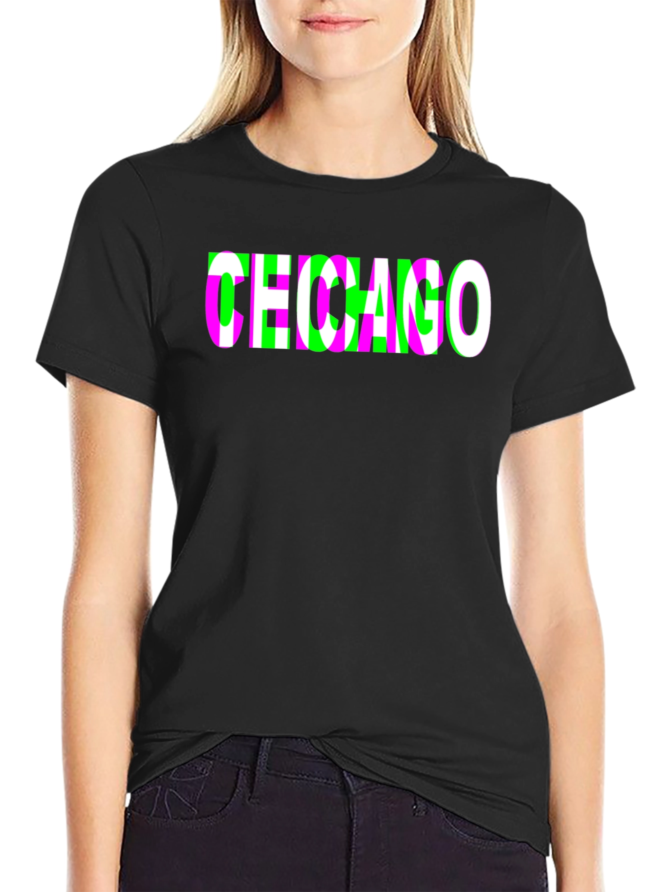 Chicago Glitch Graphic T-Shirt - Black Crew Neck