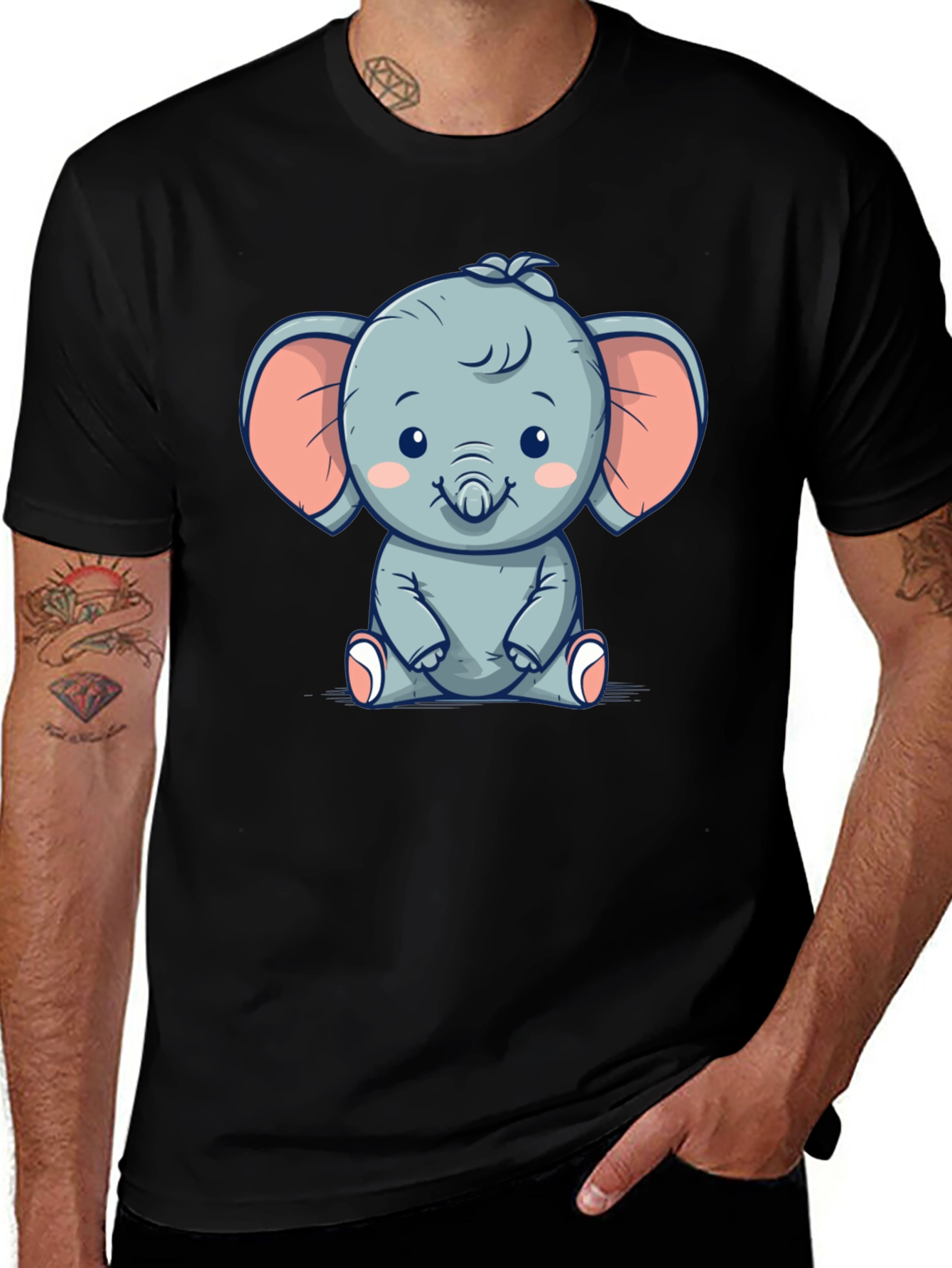 Cute Elephant Graphic Black T-Shirt