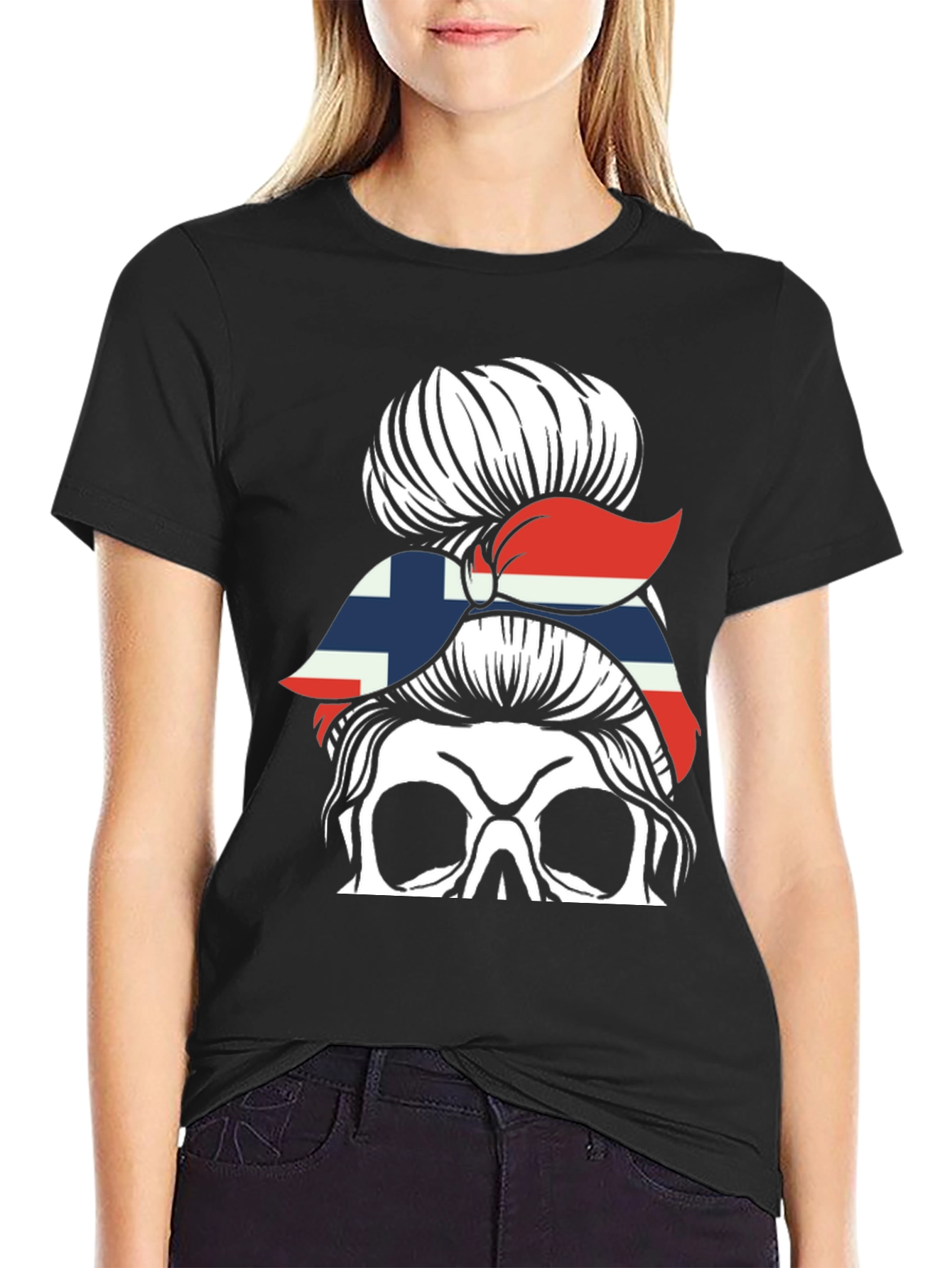Messy Bun Skull Norway Flag T-Shirt