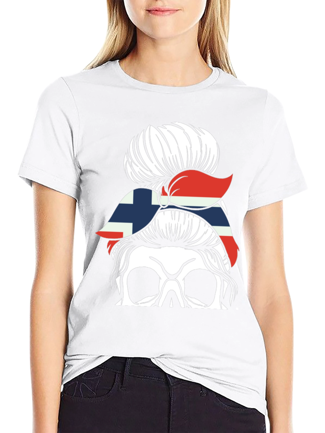 Messy Bun Skull Norway Flag T-Shirt