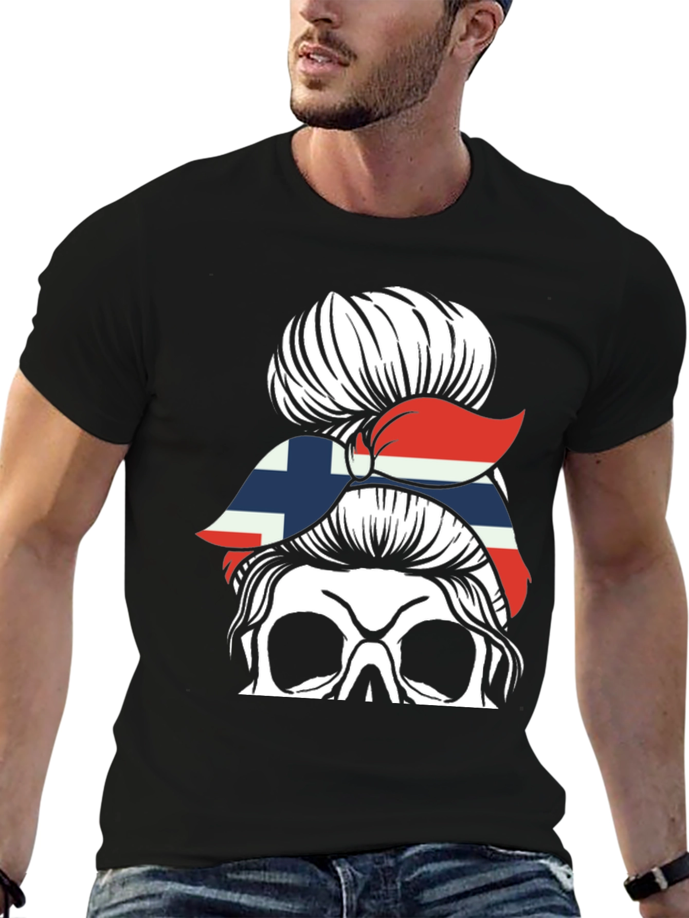 Messy Bun Skull Norway Flag T-Shirt