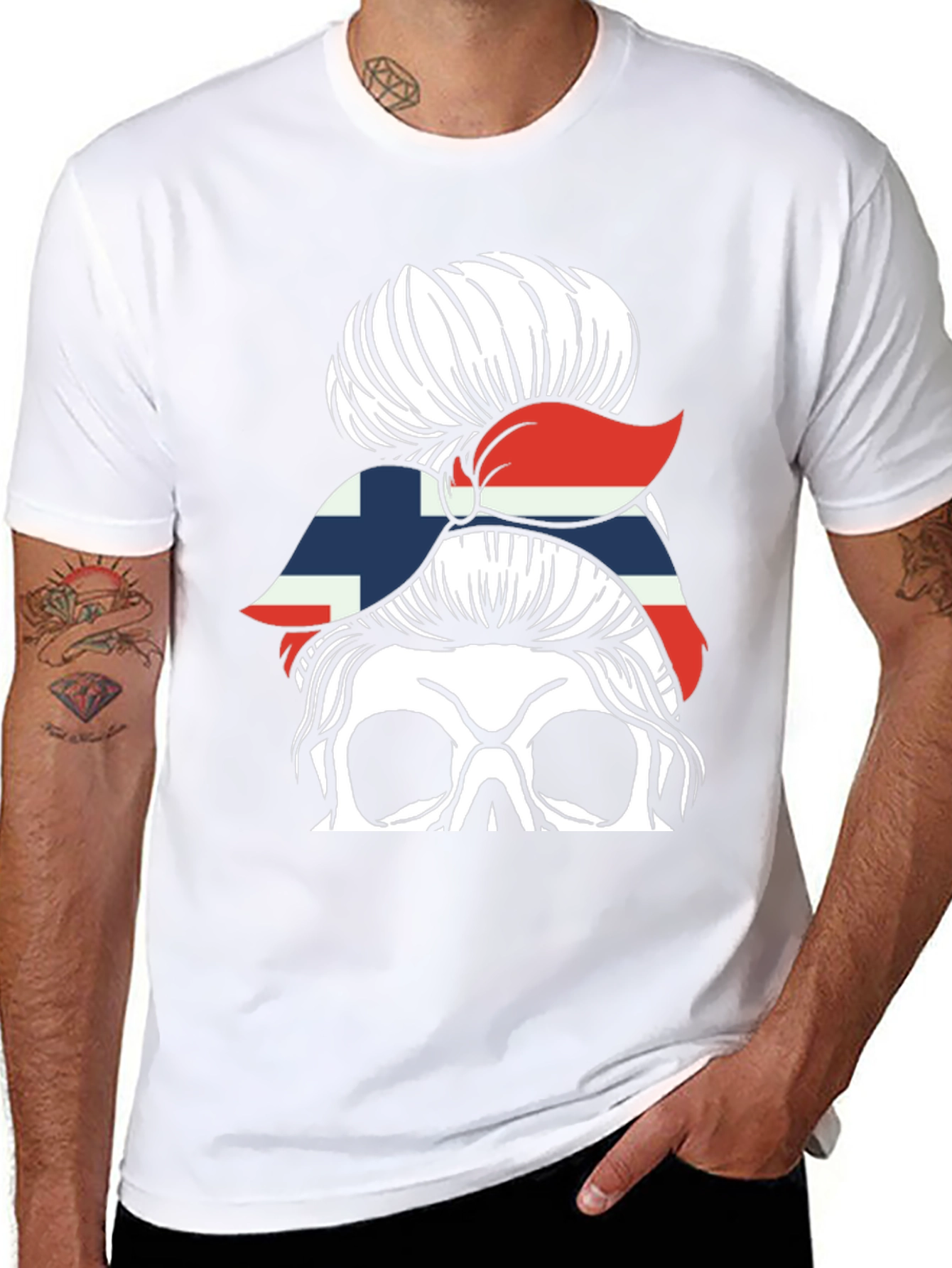 Messy Bun Skull Norway Flag T-Shirt