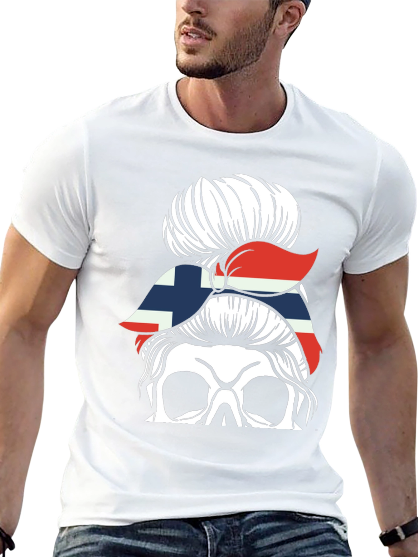 Messy Bun Skull Norway Flag T-Shirt