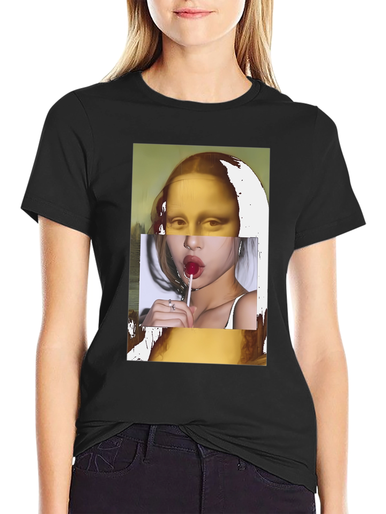 Mona Lisa Lollipop Graphic Black T-Shirt