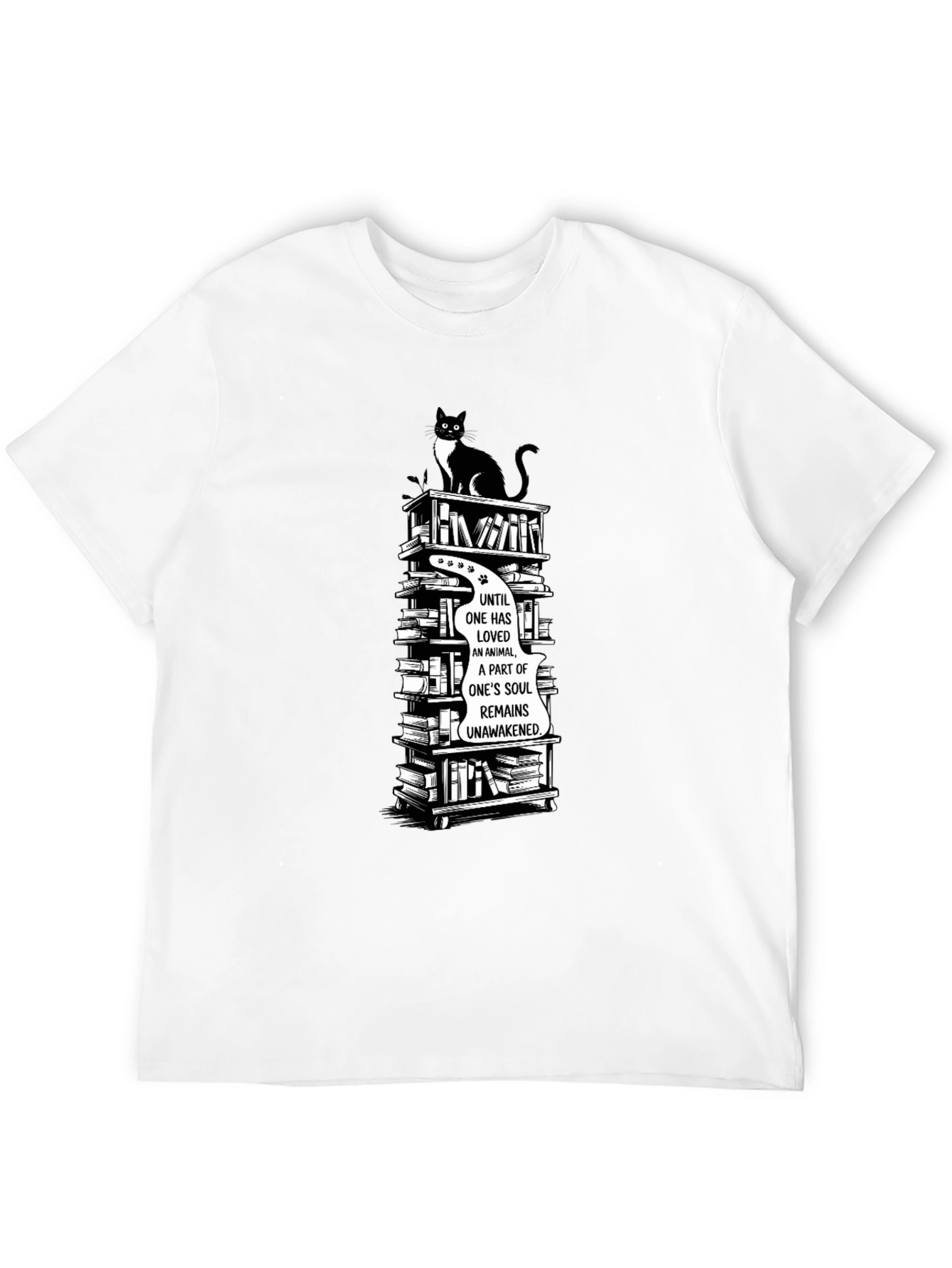 Cat Lover T-Shirt with Book Stack Design