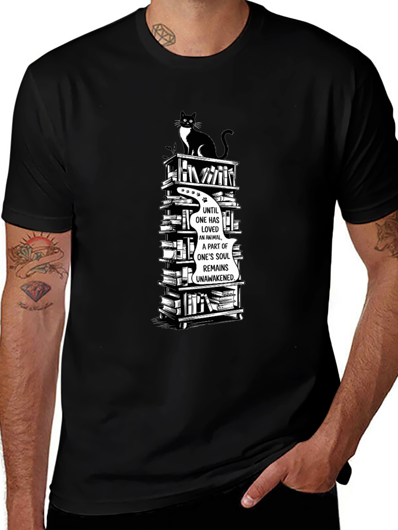 Cat Lover T-Shirt with Book Stack Design