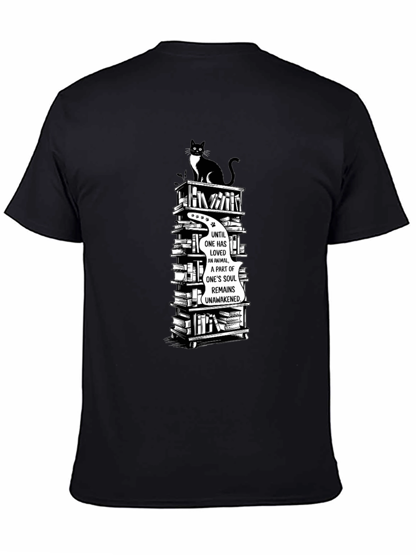 Cat Lover T-Shirt with Book Stack Design
