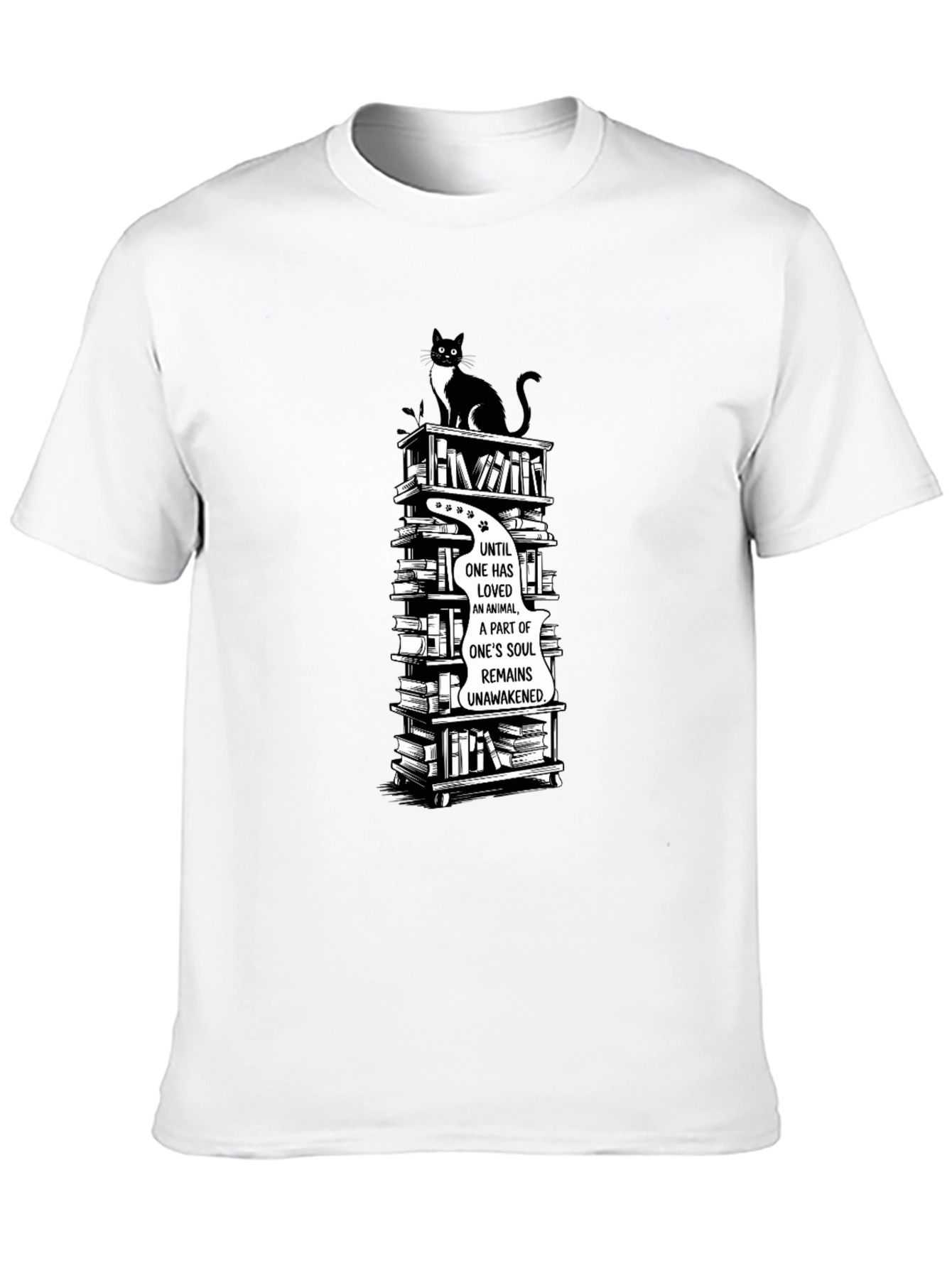 Cat Lover T-Shirt with Book Stack Design