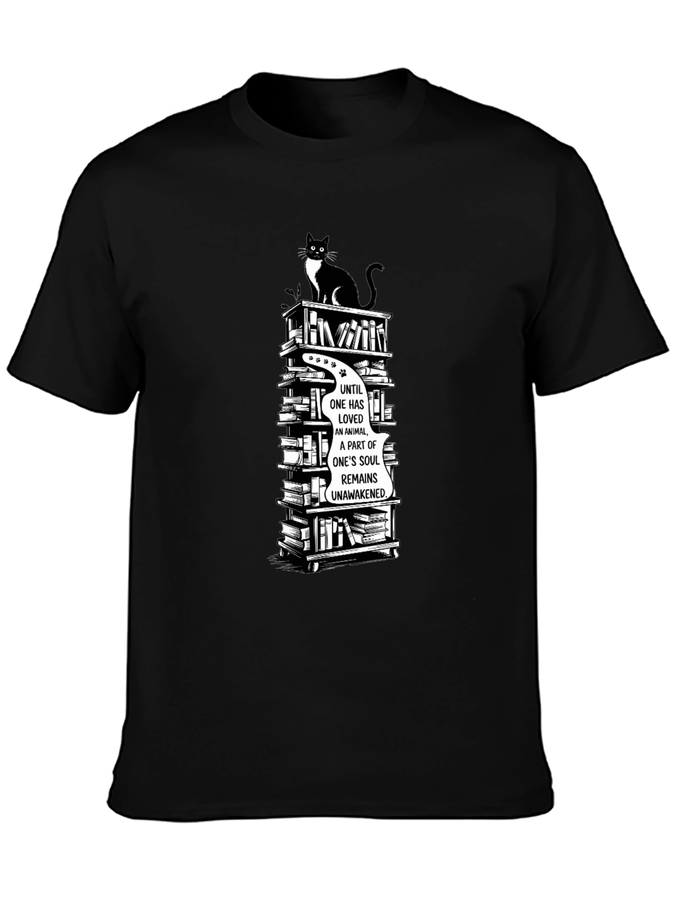 Cat Lover T-Shirt with Book Stack Design
