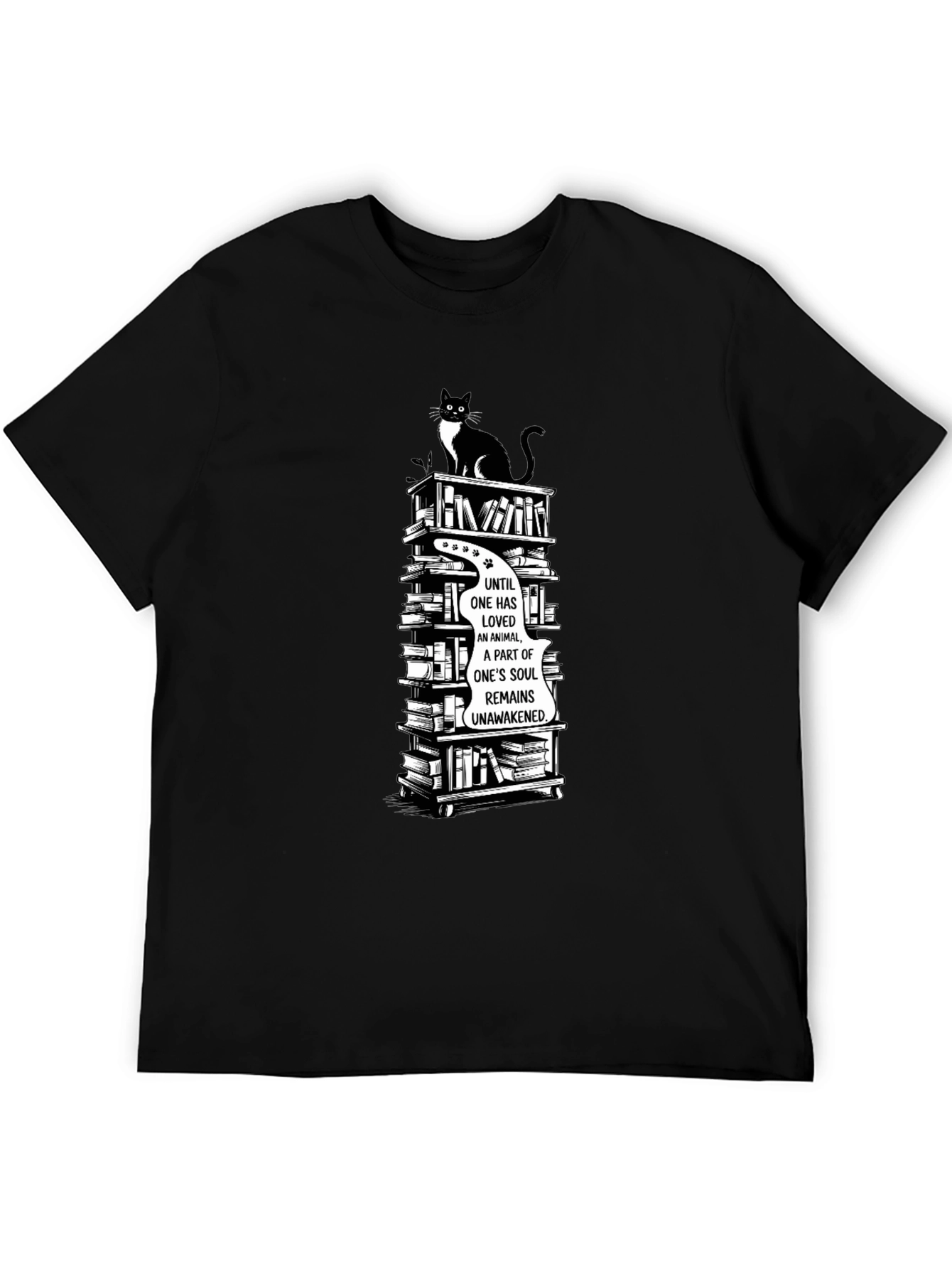 Cat Lover T-Shirt with Book Stack Design