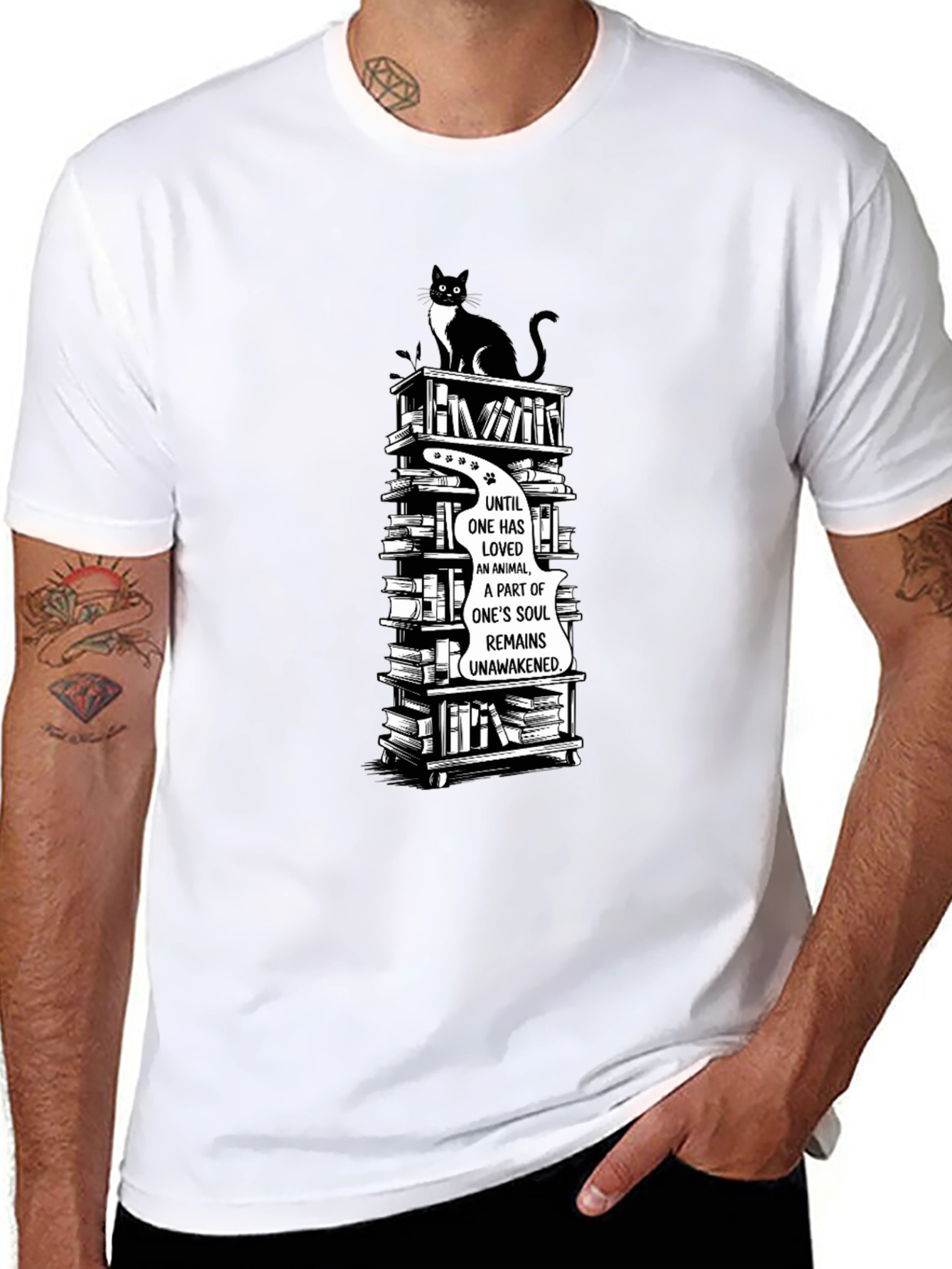 Cat Lover T-Shirt with Book Stack Design