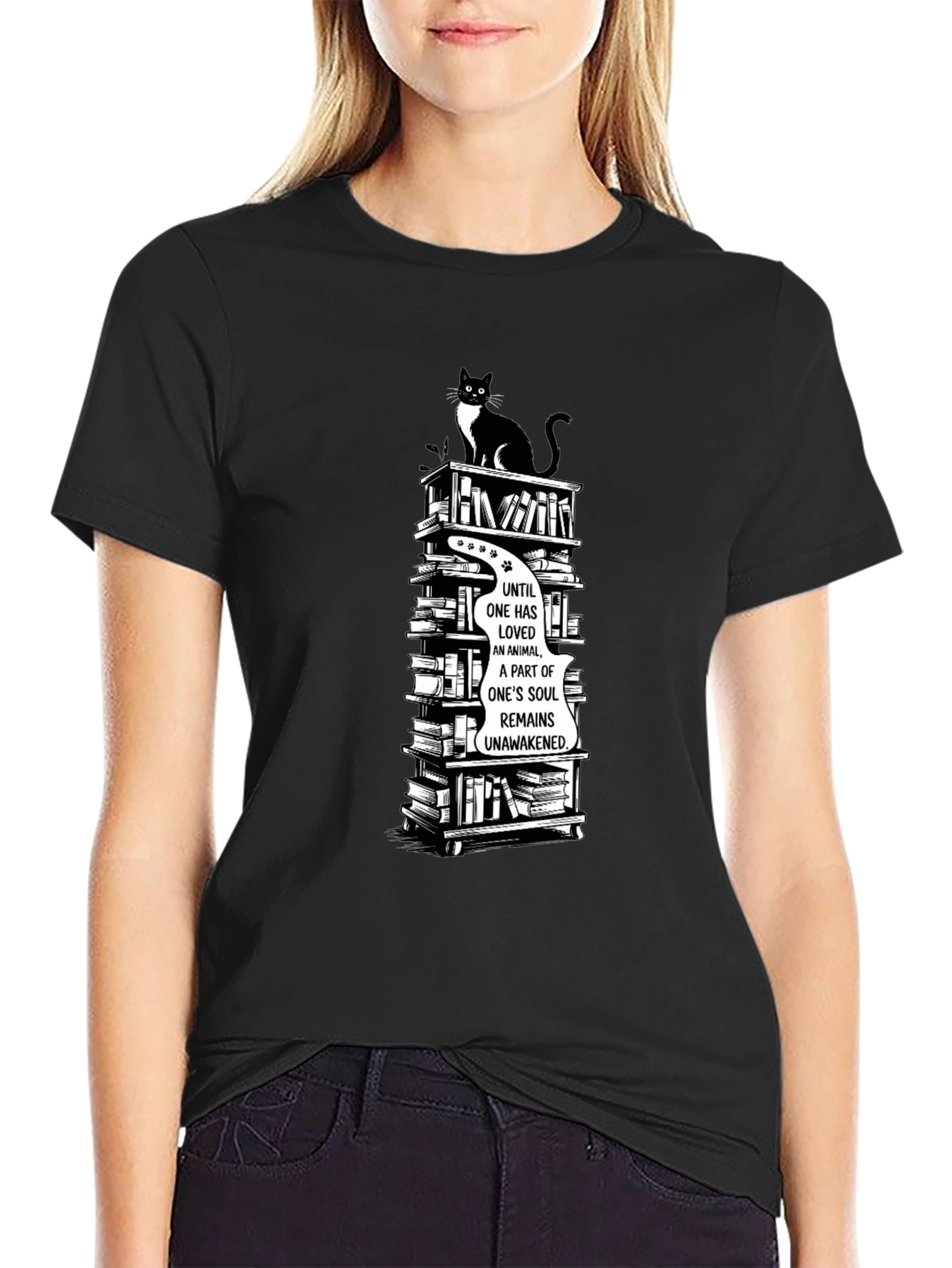 Cat Lover T-Shirt with Book Stack Design